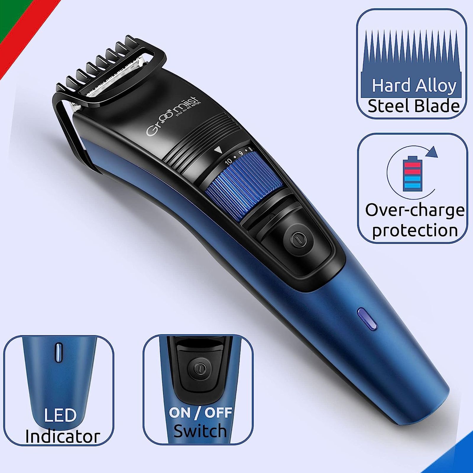 Groomiist Copper Series Rechargeable Corded & Cordless Wet & Dry Trimmer for Beard & Moustache with 20 Length Settings for Men (90min Runtime, LED Indicator, Black & Blue)_5