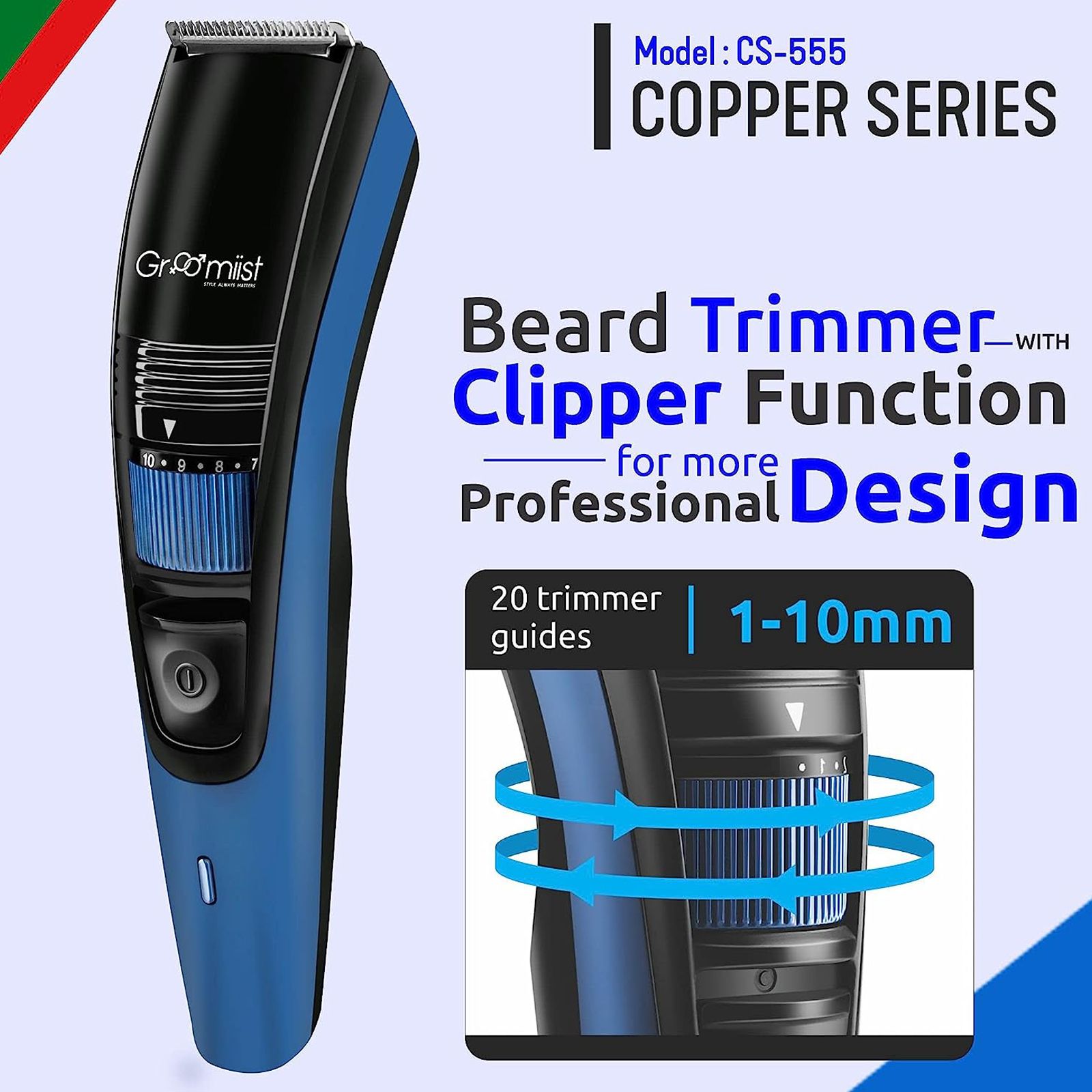Groomiist Copper Series Rechargeable Corded & Cordless Wet & Dry Trimmer for Beard & Moustache with 20 Length Settings for Men (90min Runtime, LED Indicator, Black & Blue)_6