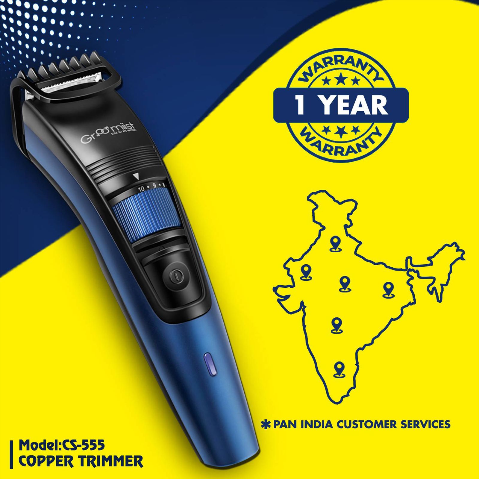 Groomiist Copper Series Rechargeable Corded & Cordless Wet & Dry Trimmer for Beard & Moustache with 20 Length Settings for Men (90min Runtime, LED Indicator, Black & Blue)_7
