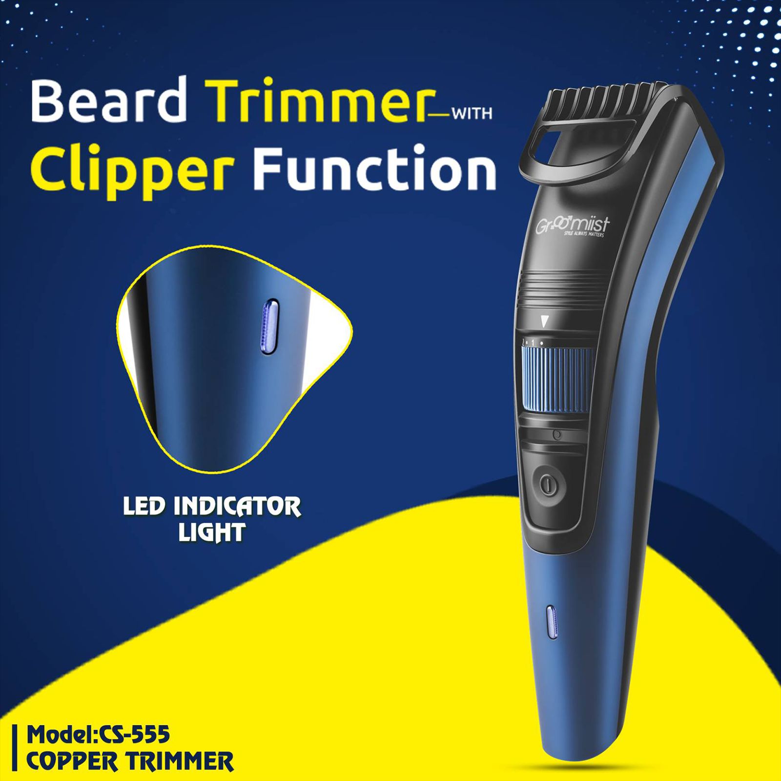 Groomiist Copper Series Rechargeable Corded & Cordless Wet & Dry Trimmer for Beard & Moustache with 20 Length Settings for Men (90min Runtime, LED Indicator, Black & Blue)_9