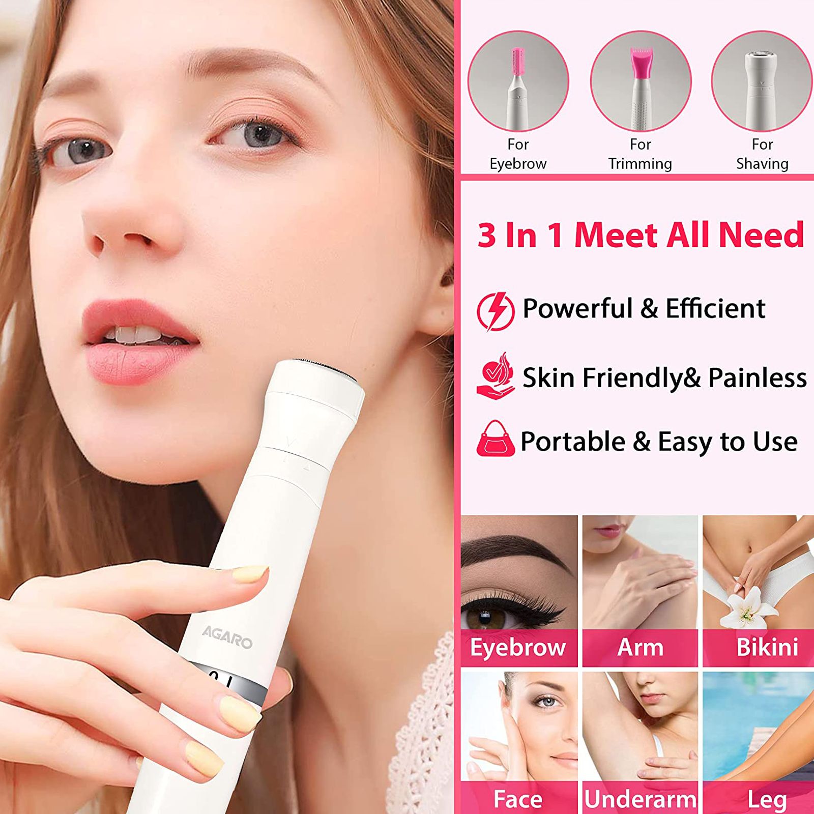 AGARO 2107 Rechargeable Cordless Wet & Dry Trimmer for Intimate Areas, Nose, Ear & Eyebrow with 2 Length Settings for Women (60min Runtime, IPX4 Water Resistant, White) AGARO 2107 Rechargeable Cordless Wet & Dry Trimmer for Intimate Areas, Nose, Ear & Eyebrow with 2 Length Settings for Women (60min Runtime, IPX4 Water Resistant, White)_5