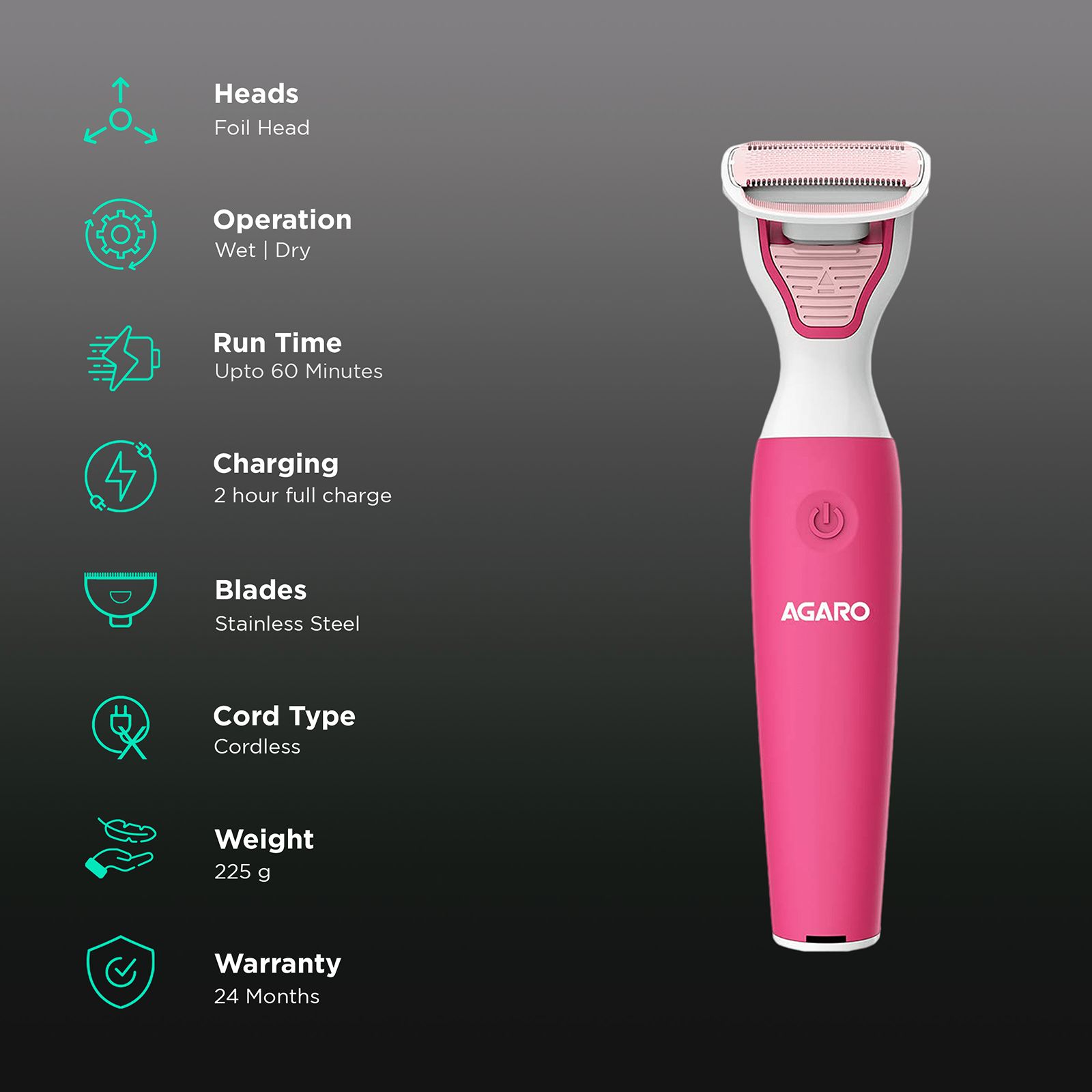 AGARO FT-2001 Rechargeable Cordless Wet & Dry Trimmer for Body & Intimate Areas for Women (60min Runtime, IPX5 Waterproof, Pink) AGARO FT-2001 Rechargeable Cordless Wet & Dry Trimmer for Body & Intimate Areas for Women (60min Runtime, IPX5 Waterproof, Pink)_2