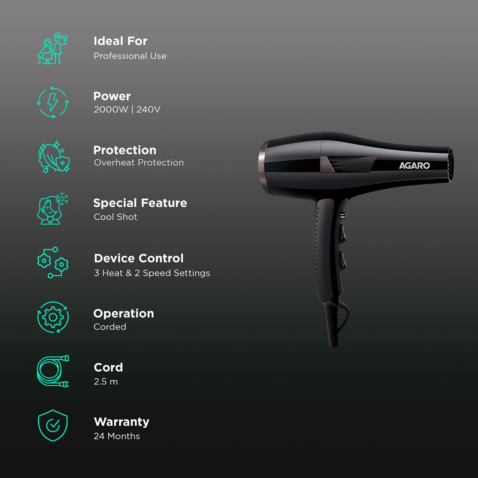 AGARO Turbo Pro Hair Dryer with 3 Heat Settings & Cool Shot (Diffuser, Black) AGARO Turbo Pro Hair Dryer with 3 Heat Settings & Cool Shot (Diffuser, Black)_2