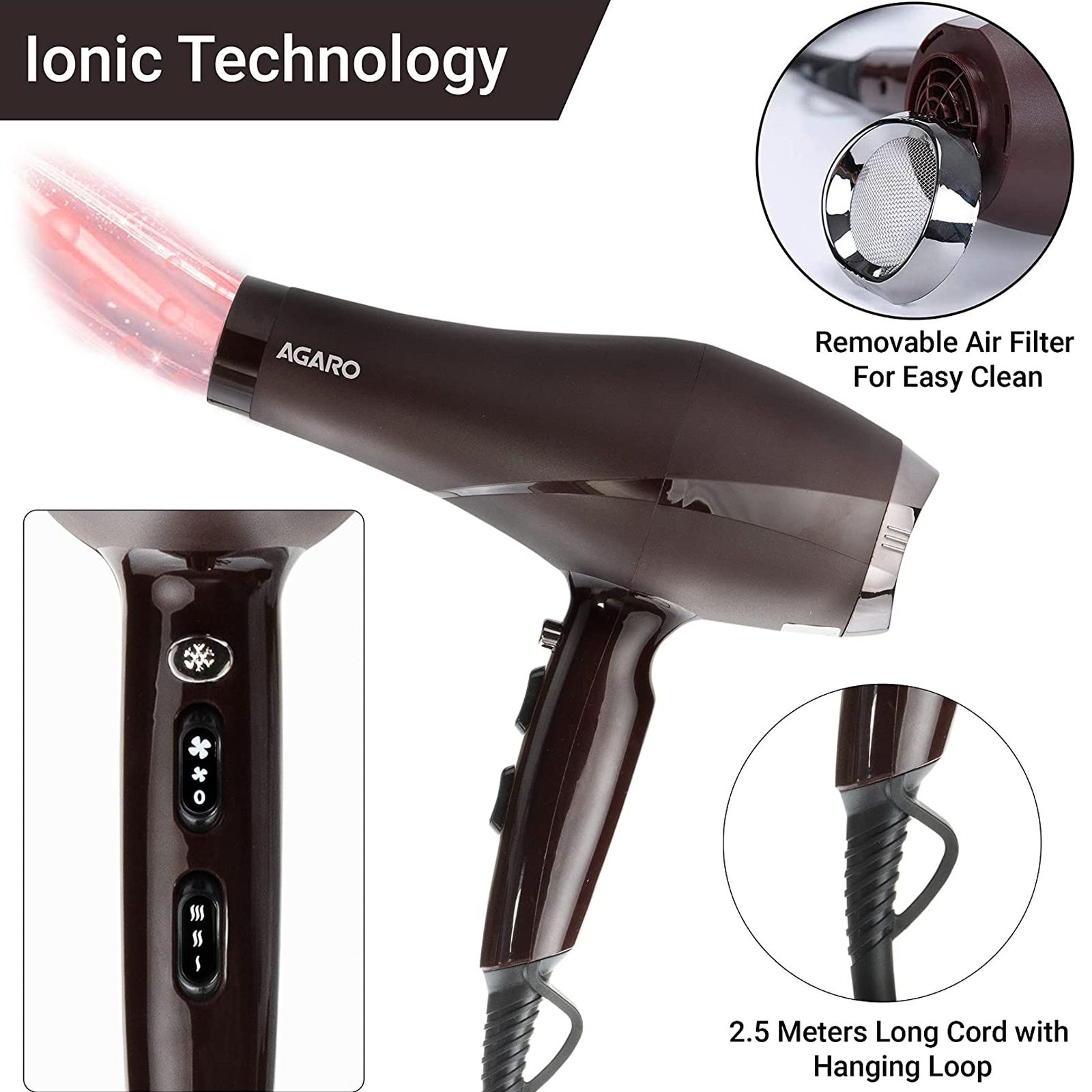 AGARO HD 1120 Hair Dryer with 3 Heat Settings & Cool Shot (Ionic Technology, Brown) AGARO HD 1120 Hair Dryer with 3 Heat Settings & Cool Shot (Ionic Technology, Brown)_5