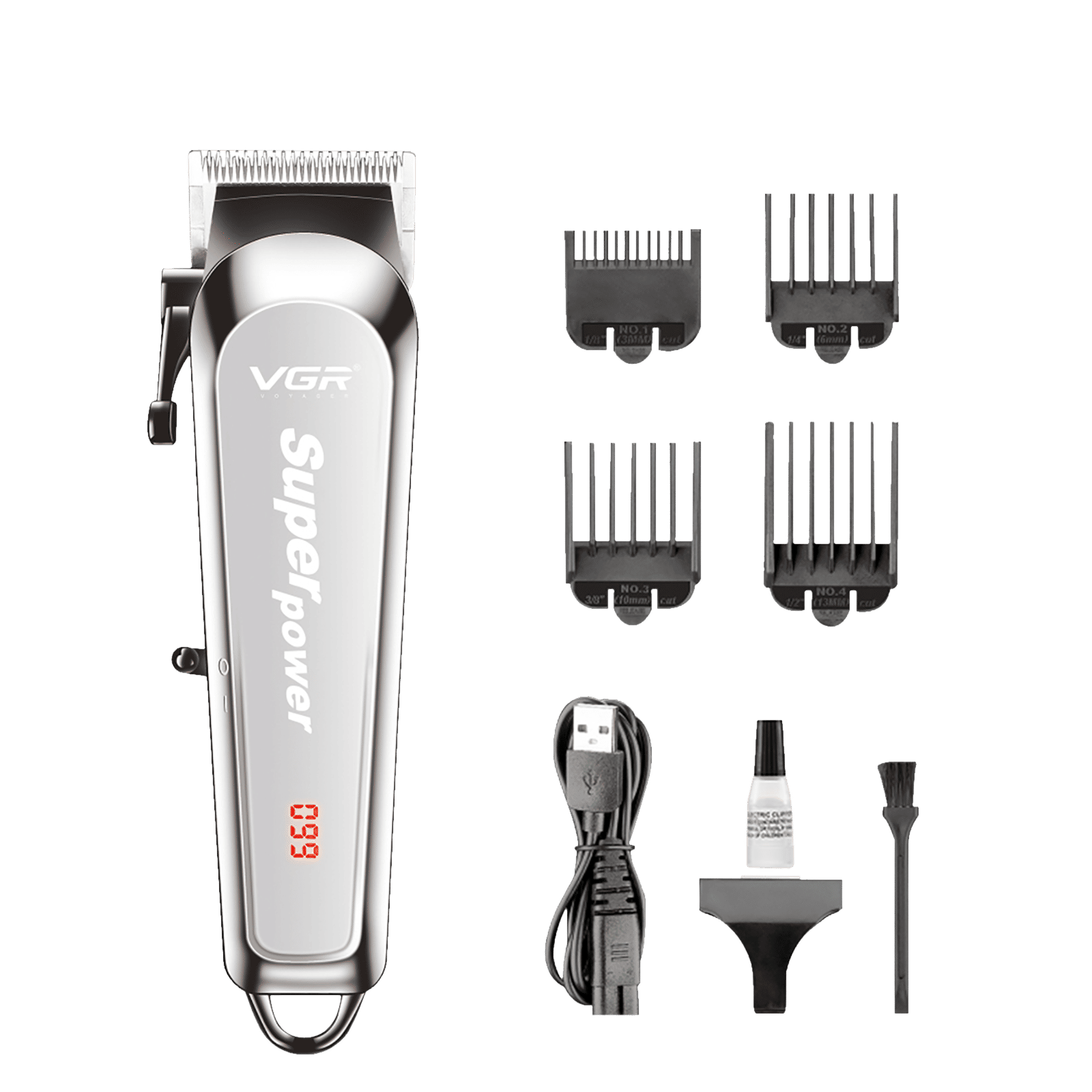VGR V-060 Rechargeable Cordless Dry Trimmer for Hair Clipping, Beard, Moustache & Body Grooming with 4 Length Settings for Men (150min Runtime, Digital LED Display, Silver)_1