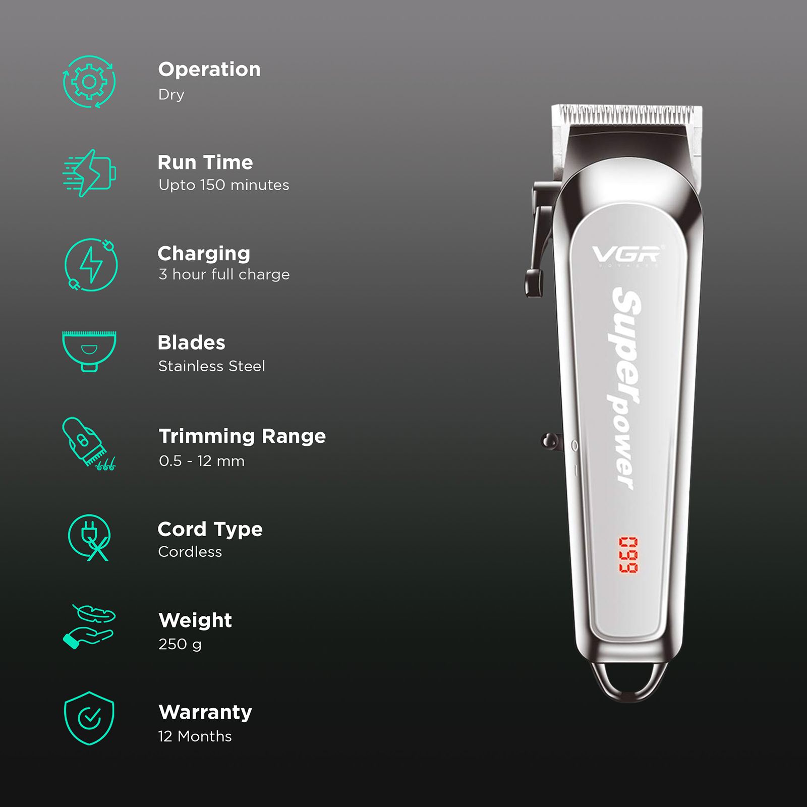 VGR V-060 Rechargeable Cordless Dry Trimmer for Hair Clipping, Beard, Moustache & Body Grooming with 4 Length Settings for Men (150min Runtime, Digital LED Display, Silver)_2