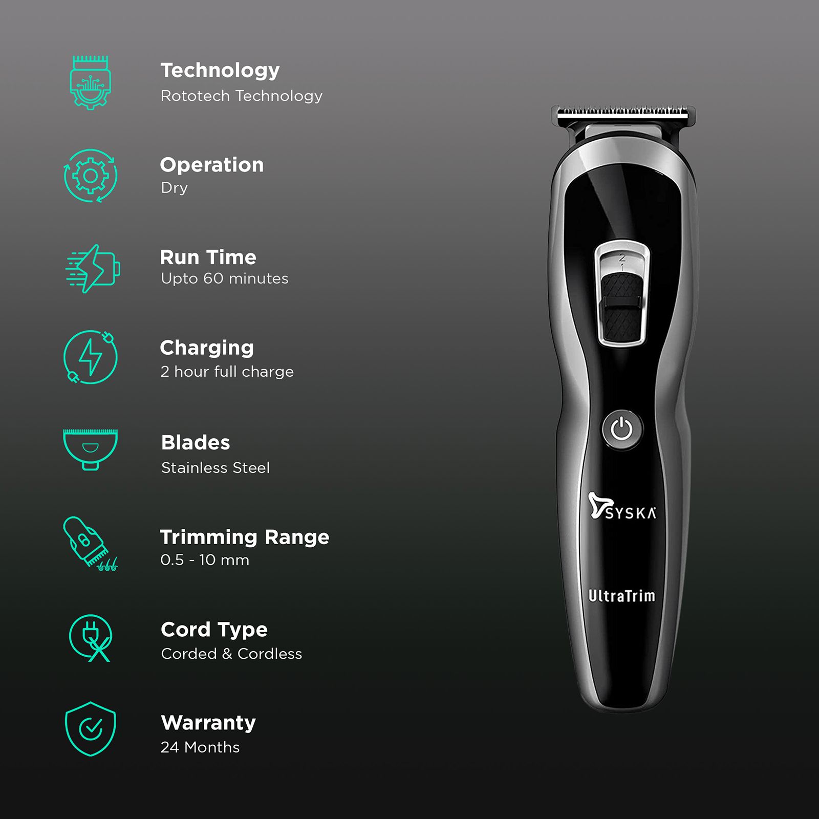 SYSKA UltraTrim Pro Styling 3-in-1 Rechargeable Corded & Cordless Grooming Kit for Body, Nose, Beard & Moustache for Men (60min Runtime, Rototech Technology, Black) SYSKA UltraTrim Pro Styling 3-in-1 Rechargeable Corded & Cordless Grooming Kit for Body, Nose, Beard & Moustache for Men (60min Runtime, Rototech Technology, Black)_2