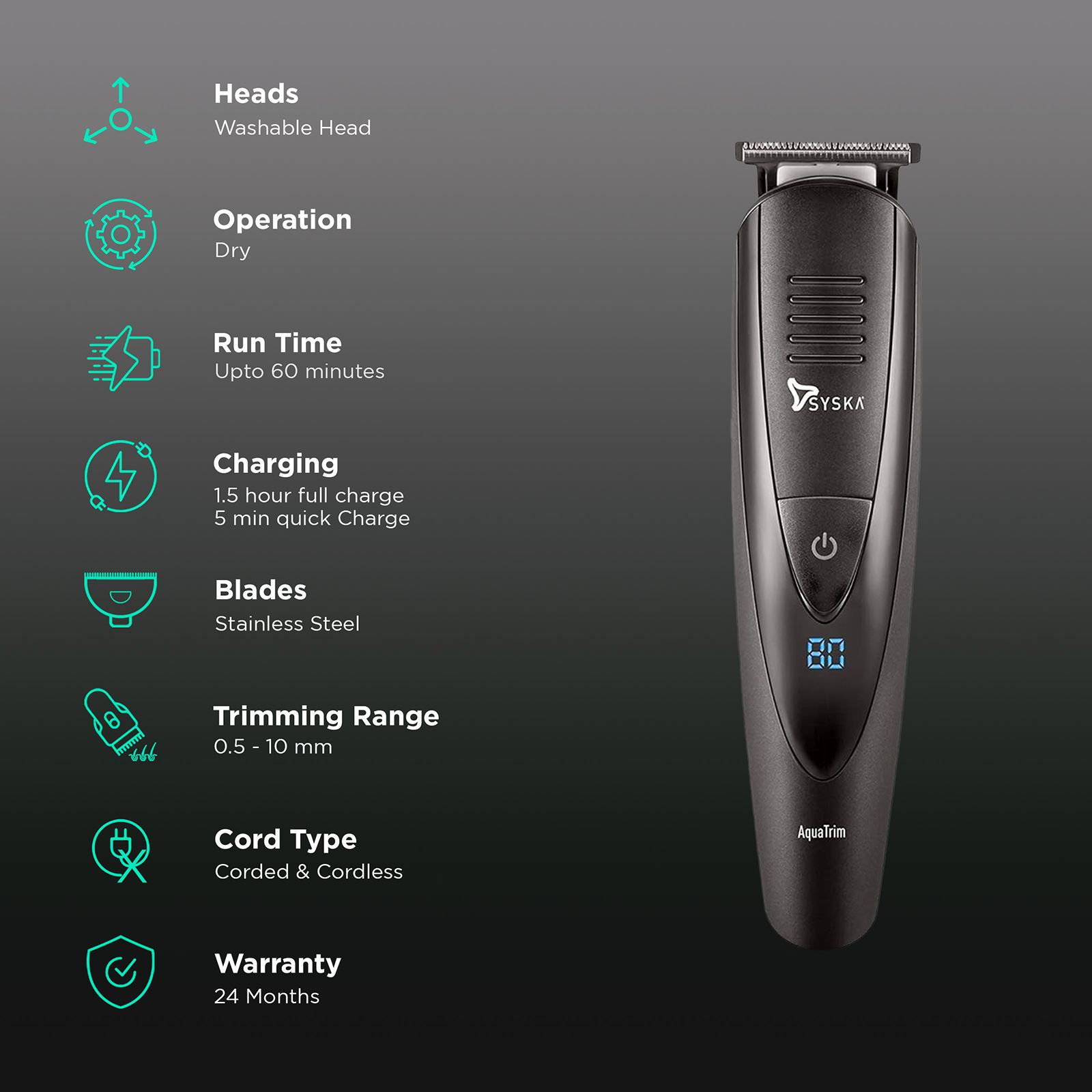 SYSKA Aqua Trim Pro Styling 5-in-1 Rechargeable Corded & Cordless Grooming Kit for Body, Nose, Beard & Moustache for Men (60min Runtime, Fast Charging, Black)_2