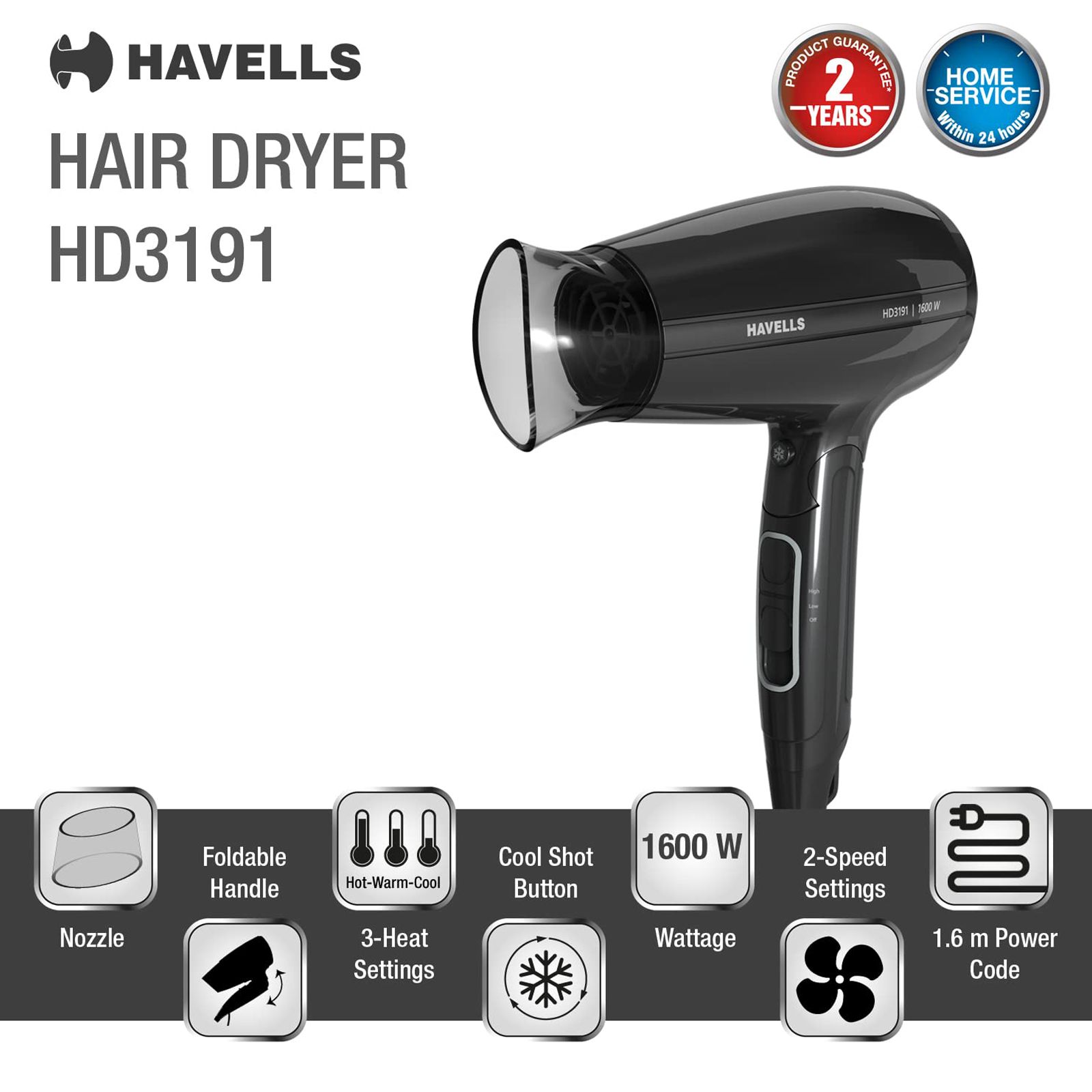 HAVELLS HD3191 Hair Dryer with 3 Heat Settings & Cool Shot (Heat Balance Technology, Black) HAVELLS HD3191 Hair Dryer with 3 Heat Settings & Cool Shot (Heat Balance Technology, Black)_7