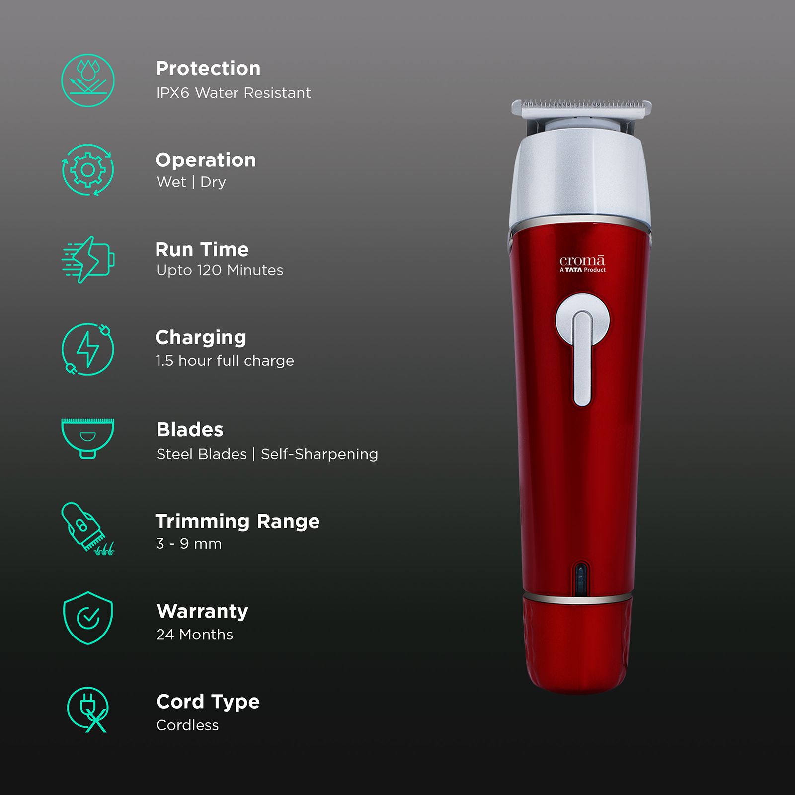 Croma 4 in 1 Cordless Wet & Dry Trimmer for Beard and Hair for Men (120mins Runtime, Water Resistant, Red) Croma 4 in 1 Cordless Wet & Dry Trimmer for Beard and Hair for Men (120mins Runtime, Water Resistant, Red)_2