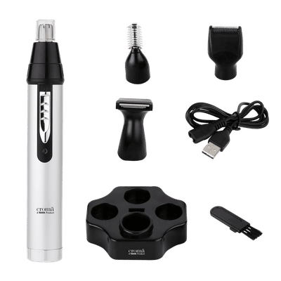 Croma 4-in-1 Rechargeable Cordless Grooming Kit for Nose, Ear, Eyebrow, Beard & Moustache for Men & Women (40min Runtime, Water Resistant, Black)