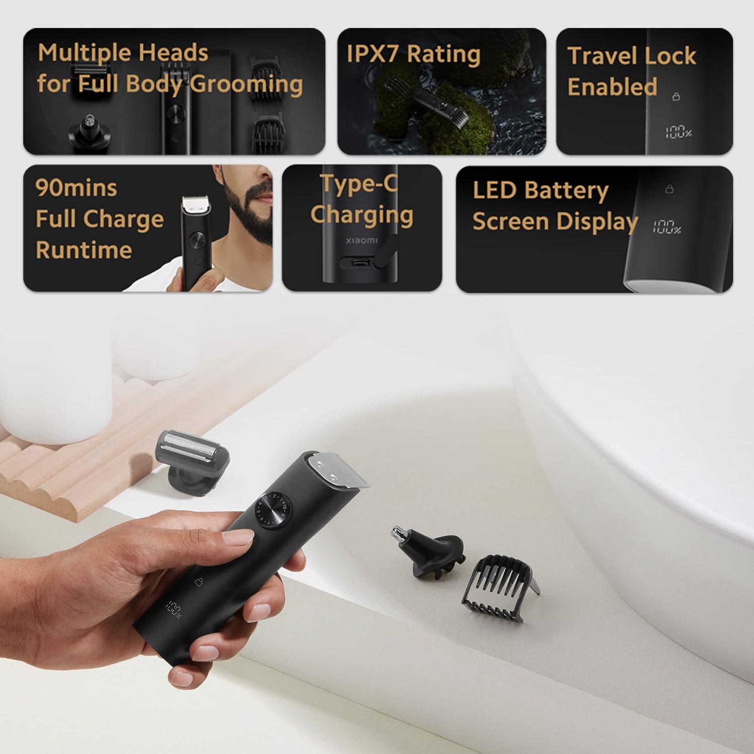 Xiaomi Pro 8-in-1 Rechargeable Corded & Cordless Grooming Kit for Body, Nose, Beard & Moustache for Men (90min Runtime, IPX7 Waterproof, Black)_8