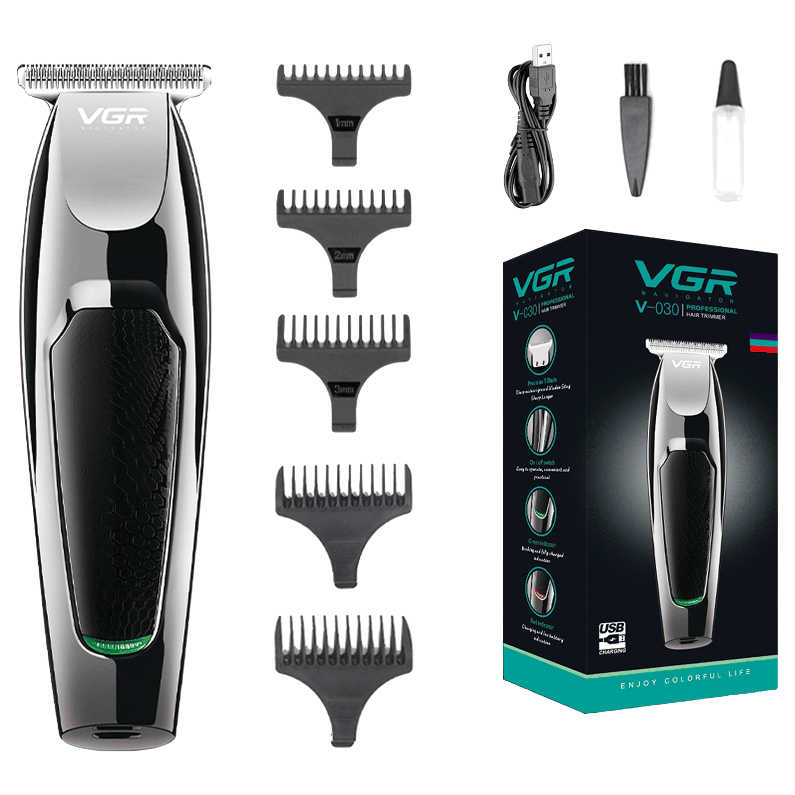VGR V-030 Rechargeable Corded & Cordless Wet & Dry Trimmer for Hair Clipping, Beard, Moustache & Body Grooming with 5 Length Settings for Men (100min Runtime, LED Indicator, Black)_1