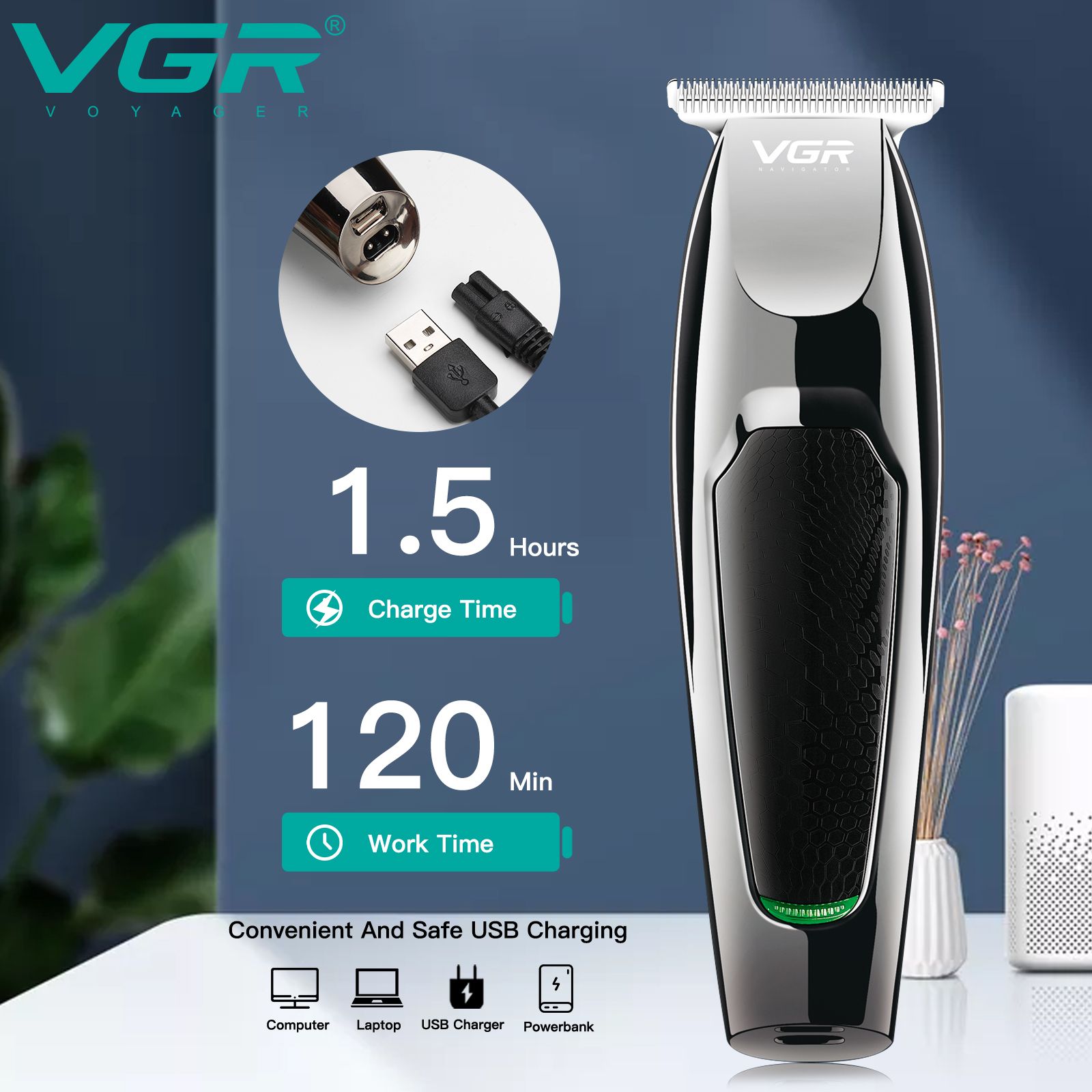 VGR V-030 Rechargeable Corded & Cordless Wet & Dry Trimmer for Hair Clipping, Beard, Moustache & Body Grooming with 5 Length Settings for Men (100min Runtime, LED Indicator, Black)_5