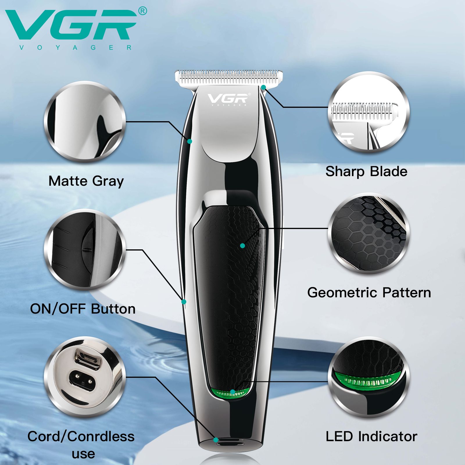 VGR V-030 Rechargeable Corded & Cordless Wet & Dry Trimmer for Hair Clipping, Beard, Moustache & Body Grooming with 5 Length Settings for Men (100min Runtime, LED Indicator, Black)_7