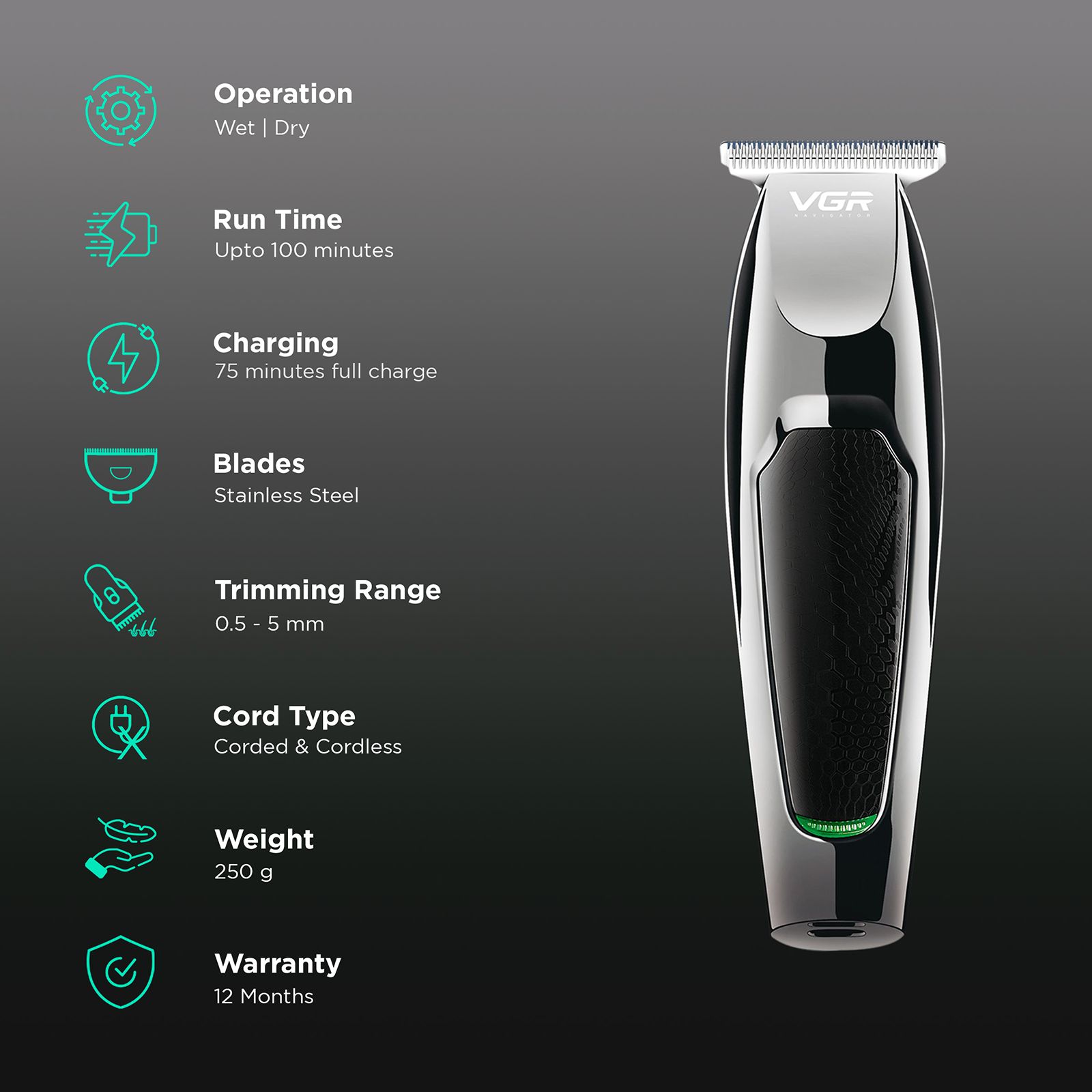 VGR V-030 Rechargeable Corded & Cordless Wet & Dry Trimmer for Hair Clipping, Beard, Moustache & Body Grooming with 5 Length Settings for Men (100min Runtime, LED Indicator, Black)_2