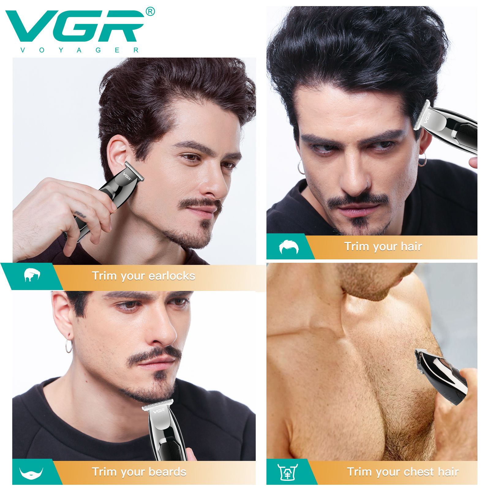 VGR V-030 Rechargeable Corded & Cordless Wet & Dry Trimmer for Hair Clipping, Beard, Moustache & Body Grooming with 5 Length Settings for Men (100min Runtime, LED Indicator, Black)_4