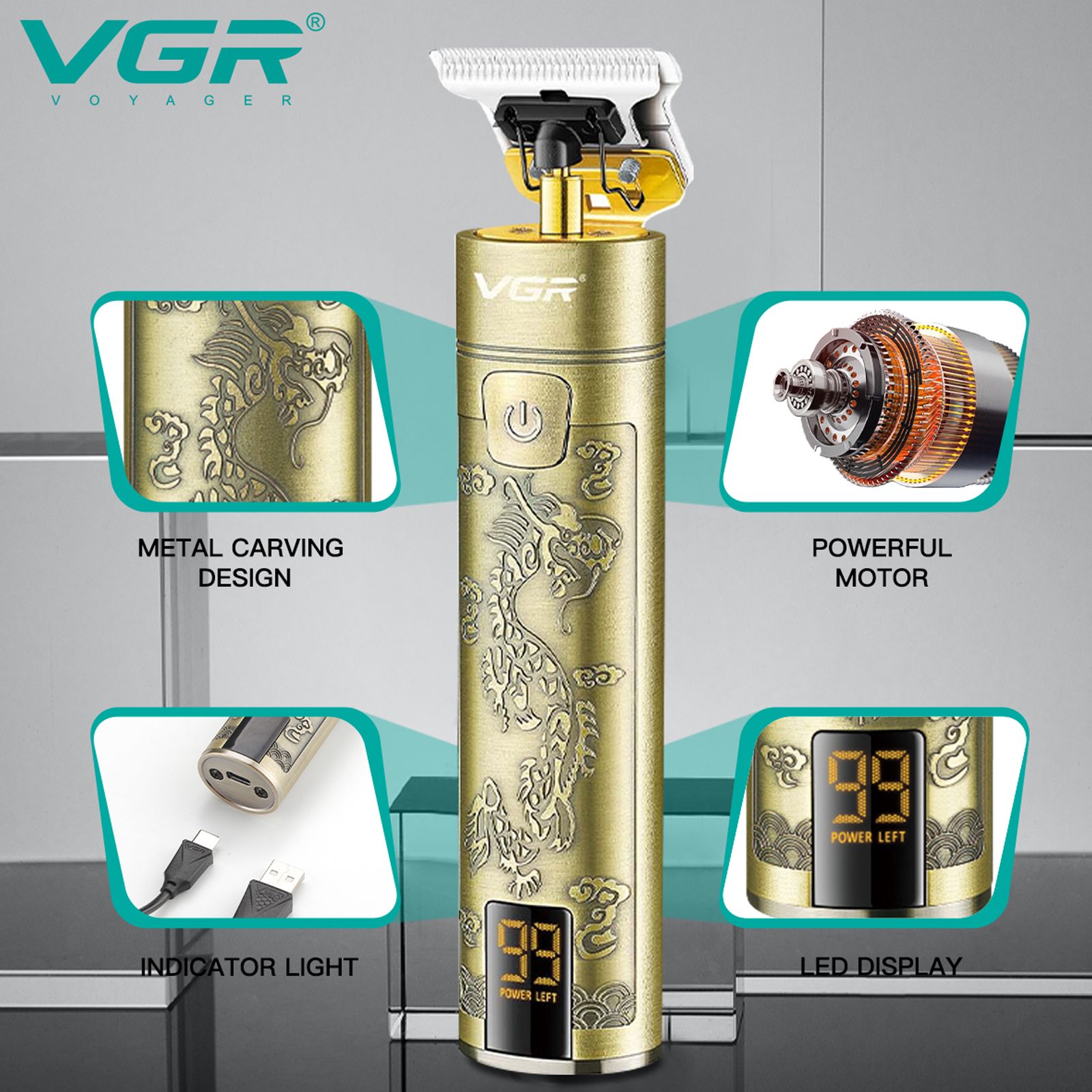 VGR V-076 Rechargeable Corded & Cordless Wet & Dry Trimmer for Hair Clipping, Beard, Moustache & Body Grooming with 3 Length Settings for Men (150min Runtime, LED Display, Gold)_5