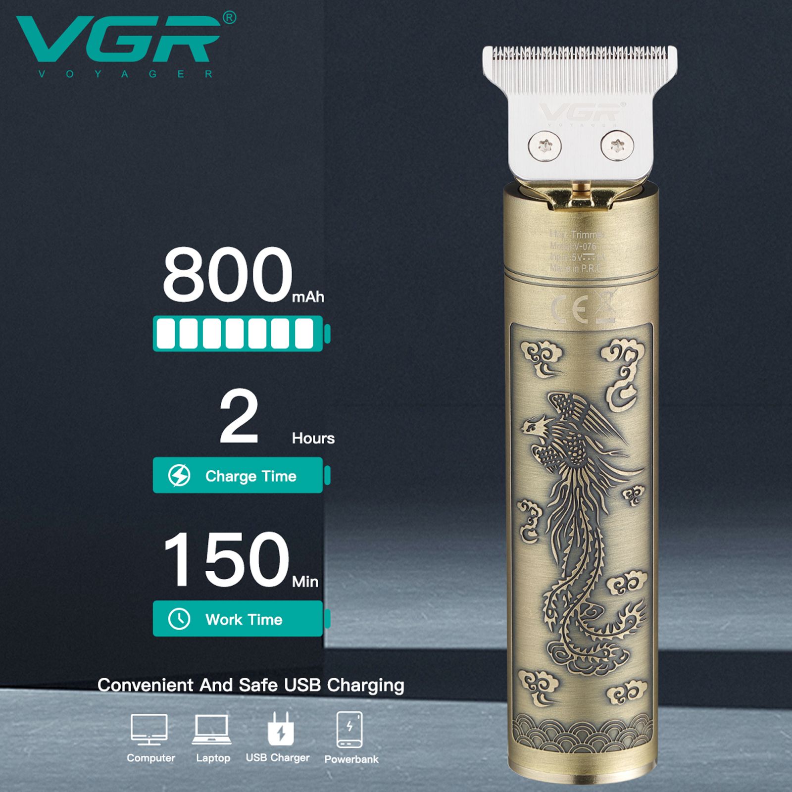 VGR V-076 Rechargeable Corded & Cordless Wet & Dry Trimmer for Hair Clipping, Beard, Moustache & Body Grooming with 3 Length Settings for Men (150min Runtime, LED Display, Gold)_6