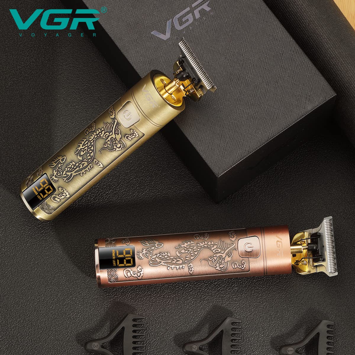VGR V-076 Rechargeable Corded & Cordless Wet & Dry Trimmer for Hair Clipping, Beard, Moustache & Body Grooming with 3 Length Settings for Men (150min Runtime, LED Display, Gold)_7