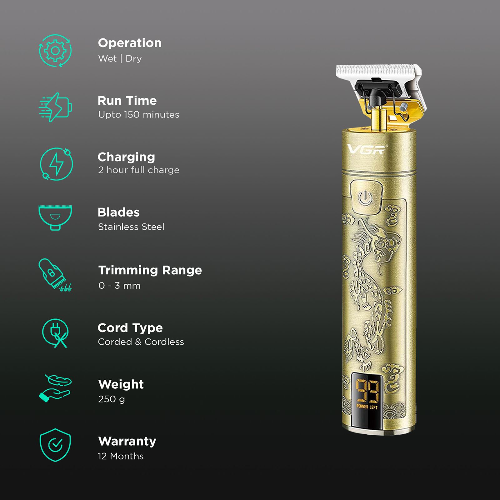 VGR V-076 Rechargeable Corded & Cordless Wet & Dry Trimmer for Hair Clipping, Beard, Moustache & Body Grooming with 3 Length Settings for Men (150min Runtime, LED Display, Gold)_2
