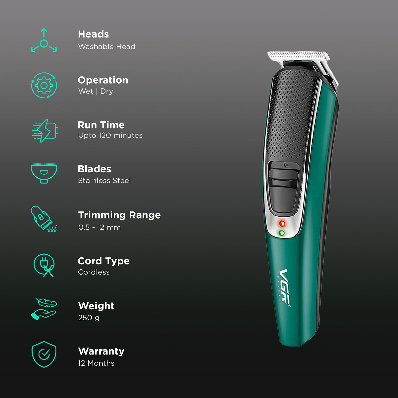 VGR V-176 Rechargeable Cordless Wet & Dry Trimmer for Hair Clipping, Beard, Moustache & Body Grooming with 4 Length Settings for Men (120min Runtime, Adjustable Lock Settings, Green)_2
