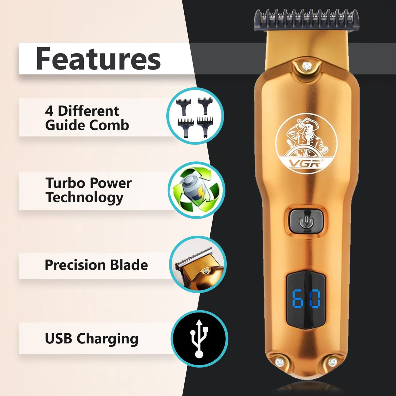 VGR V-927 Rechargeable Corded & Cordless Wet & Dry Trimmer for Hair Clipping, Beard, Moustache & Body Grooming with 4 Length Settings for Men (60min Runtime, LED Display, Gold) VGR V-927 Rechargeable Corded & Cordless Wet & Dry Trimmer for Hair Clipping, Beard, Moustache & Body Grooming with 4 Length Settings for Men (60min Runtime, LED Display, Gold)_7