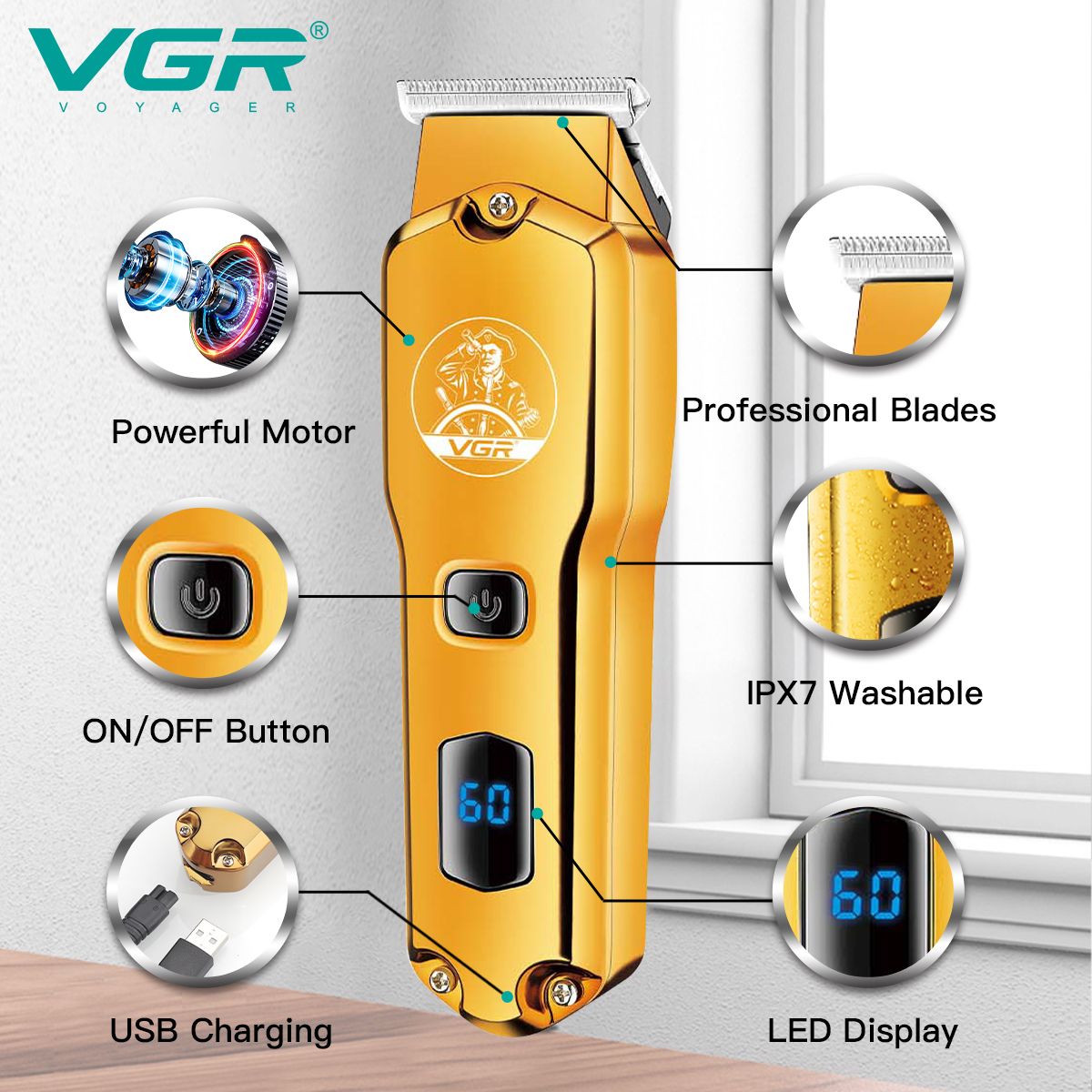 VGR V-927 Rechargeable Corded & Cordless Wet & Dry Trimmer for Hair Clipping, Beard, Moustache & Body Grooming with 4 Length Settings for Men (60min Runtime, LED Display, Gold) VGR V-927 Rechargeable Corded & Cordless Wet & Dry Trimmer for Hair Clipping, Beard, Moustache & Body Grooming with 4 Length Settings for Men (60min Runtime, LED Display, Gold)_10