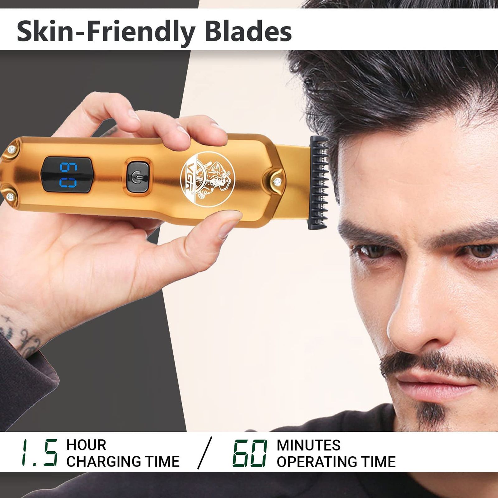 VGR V-927 Rechargeable Corded & Cordless Wet & Dry Trimmer for Hair Clipping, Beard, Moustache & Body Grooming with 4 Length Settings for Men (60min Runtime, LED Display, Gold) VGR V-927 Rechargeable Corded & Cordless Wet & Dry Trimmer for Hair Clipping, Beard, Moustache & Body Grooming with 4 Length Settings for Men (60min Runtime, LED Display, Gold)_4
