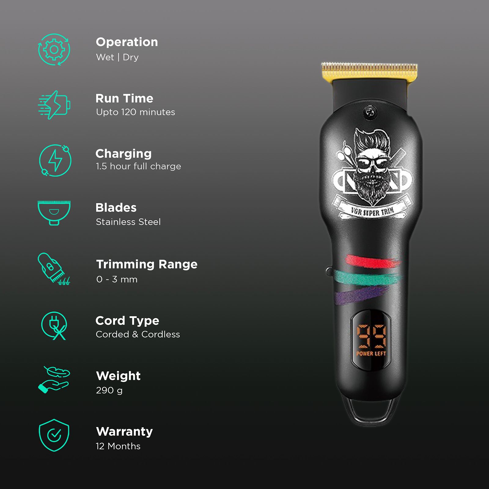 VGR V-971 Rechargeable Corded & Cordless Wet & Dry Trimmer for Hair Clipping, Beard, Moustache, Body Grooming & Intimate Areas with 3 Length Settings for Men (120min Runtime, LED Digital Display, Black)_2