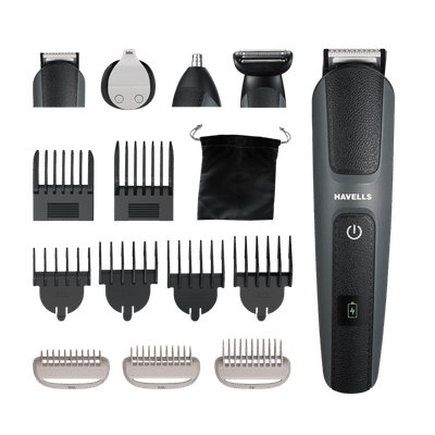 HAVELLS SUPER 15-in-1 Rechargeable Cordless Grooming Kit for Hair, Beard, Body Groomer, Nose & Ear for Men (120min Runtime, IPX7 Waterproof, Black)