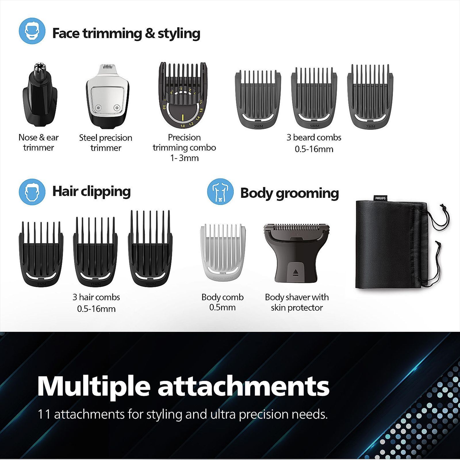 PHILIPS MG7920/65 13-in-1 Rechargeable Cordless Grooming Kit for Face, Head and Body for Men (120mins Runtime, Beard Sense Technology, Grey)_14