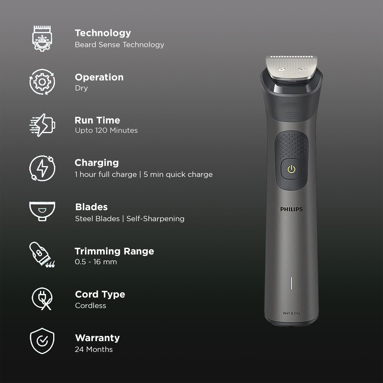 PHILIPS MG7920/65 13-in-1 Rechargeable Cordless Grooming Kit for Face, Head and Body for Men (120mins Runtime, Beard Sense Technology, Grey)_2