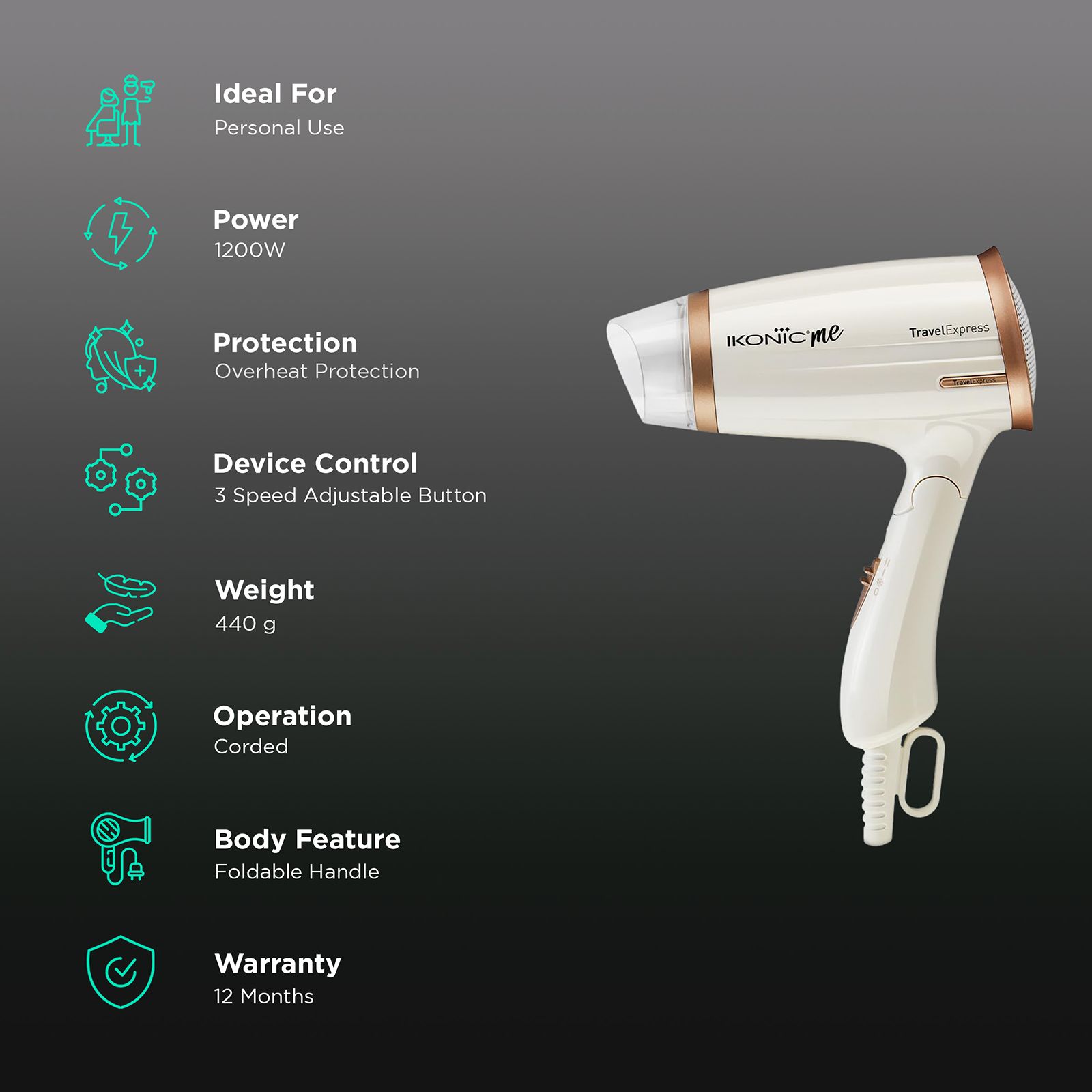 Ikonic Me Travel Express Hair Dryer with 3 Heat Settings & Cool Blow (Overheat Protection, White & Rose Gold) Ikonic Me Travel Express Hair Dryer with 3 Heat Settings & Cool Blow (Overheat Protection, White & Rose Gold)_2