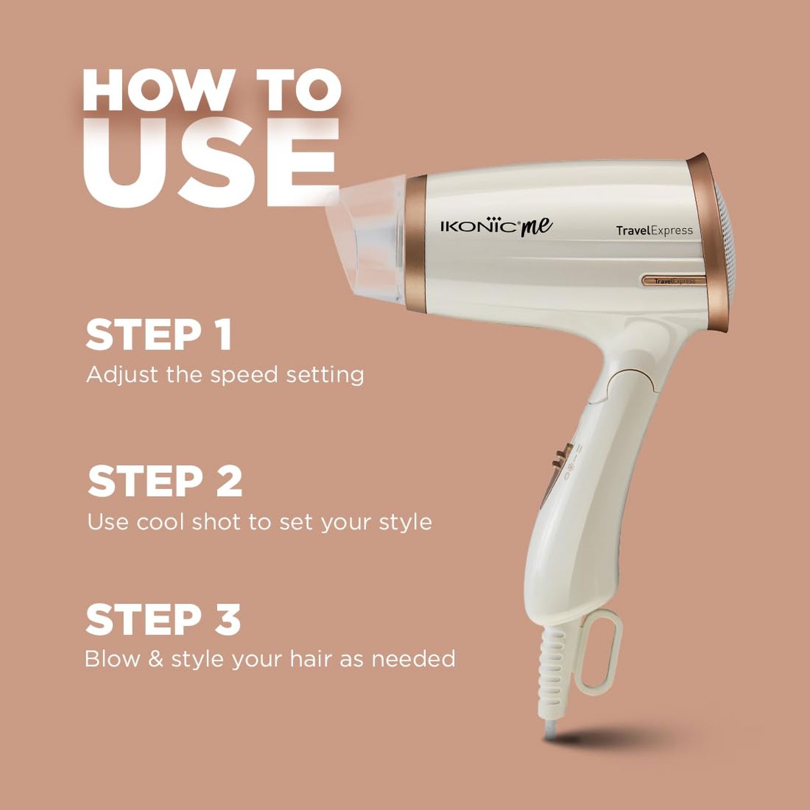 Ikonic Me Travel Express Hair Dryer with 3 Heat Settings & Cool Blow (Overheat Protection, White & Rose Gold) Ikonic Me Travel Express Hair Dryer with 3 Heat Settings & Cool Blow (Overheat Protection, White & Rose Gold)_3