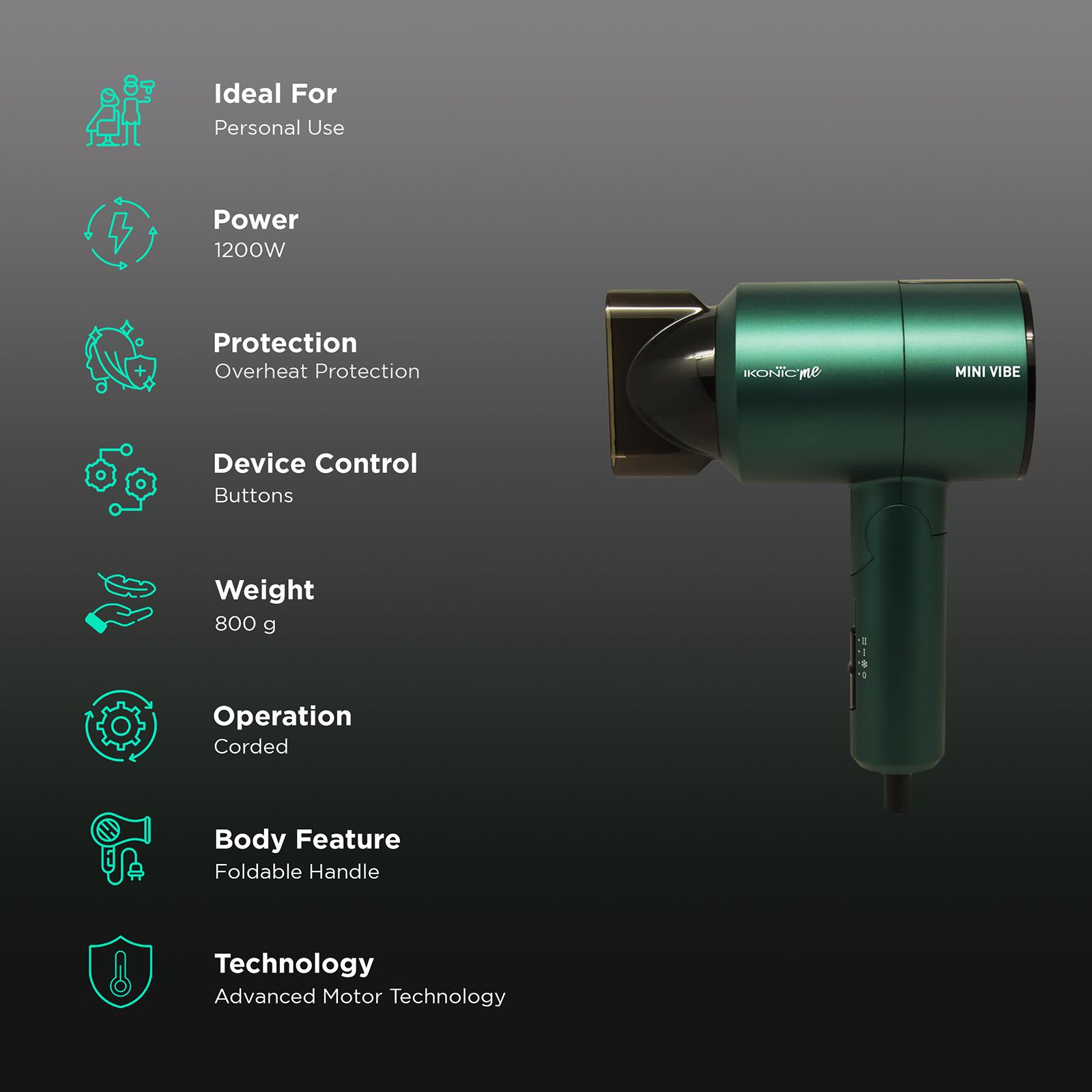 Ikonic Mini Vibe Hair Dryer with 2 Heat Settings & Cool Shot (Low Noise, Emerald) Ikonic Mini Vibe Hair Dryer with 2 Heat Settings & Cool Shot (Low Noise, Emerald)_2