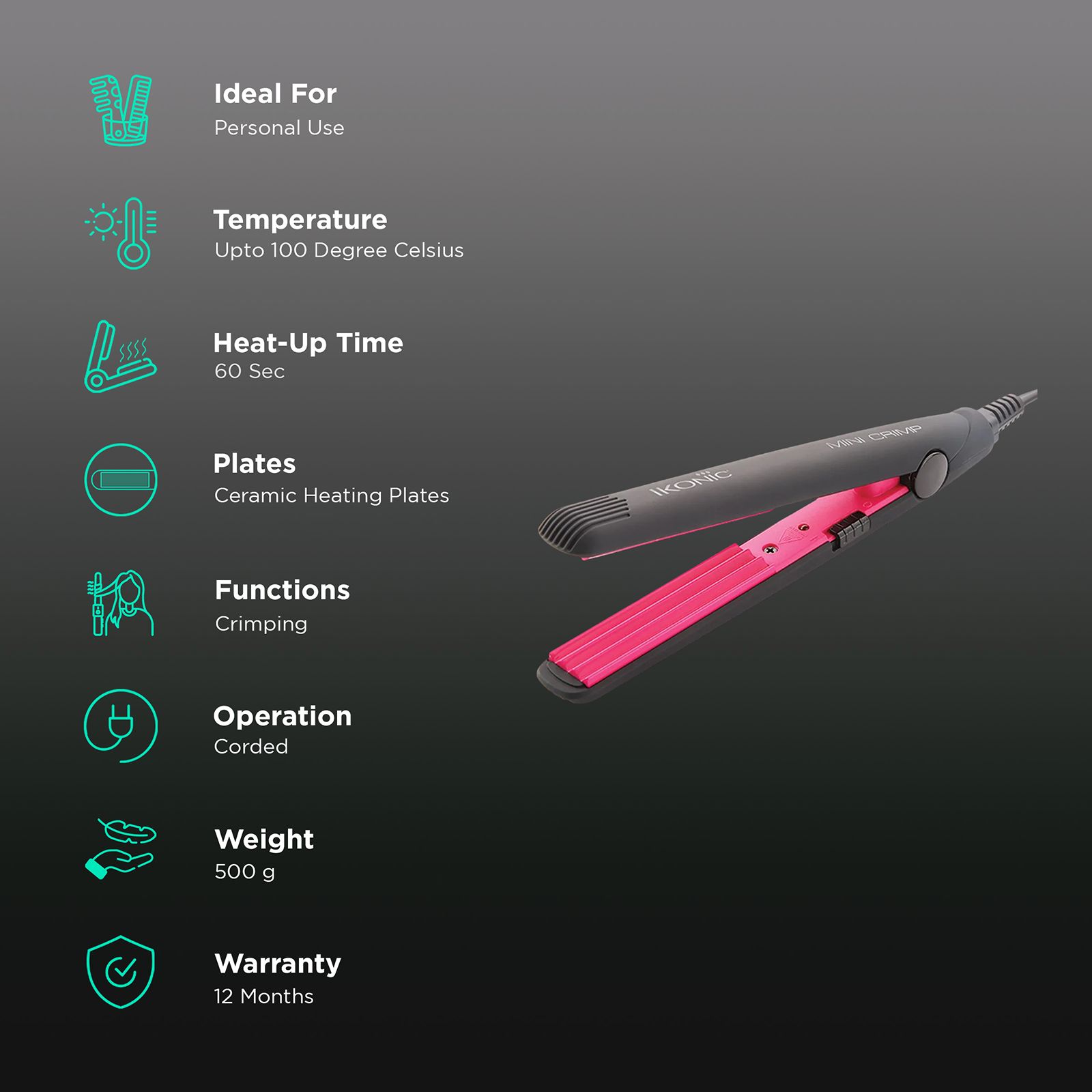 Ikonic Mini Crimper Hair Curler with Power Indicator light (Ceramic Plates, Black & Pink) Ikonic Mini Crimper Hair Curler with Power Indicator light (Ceramic Plates, Black & Pink)_2