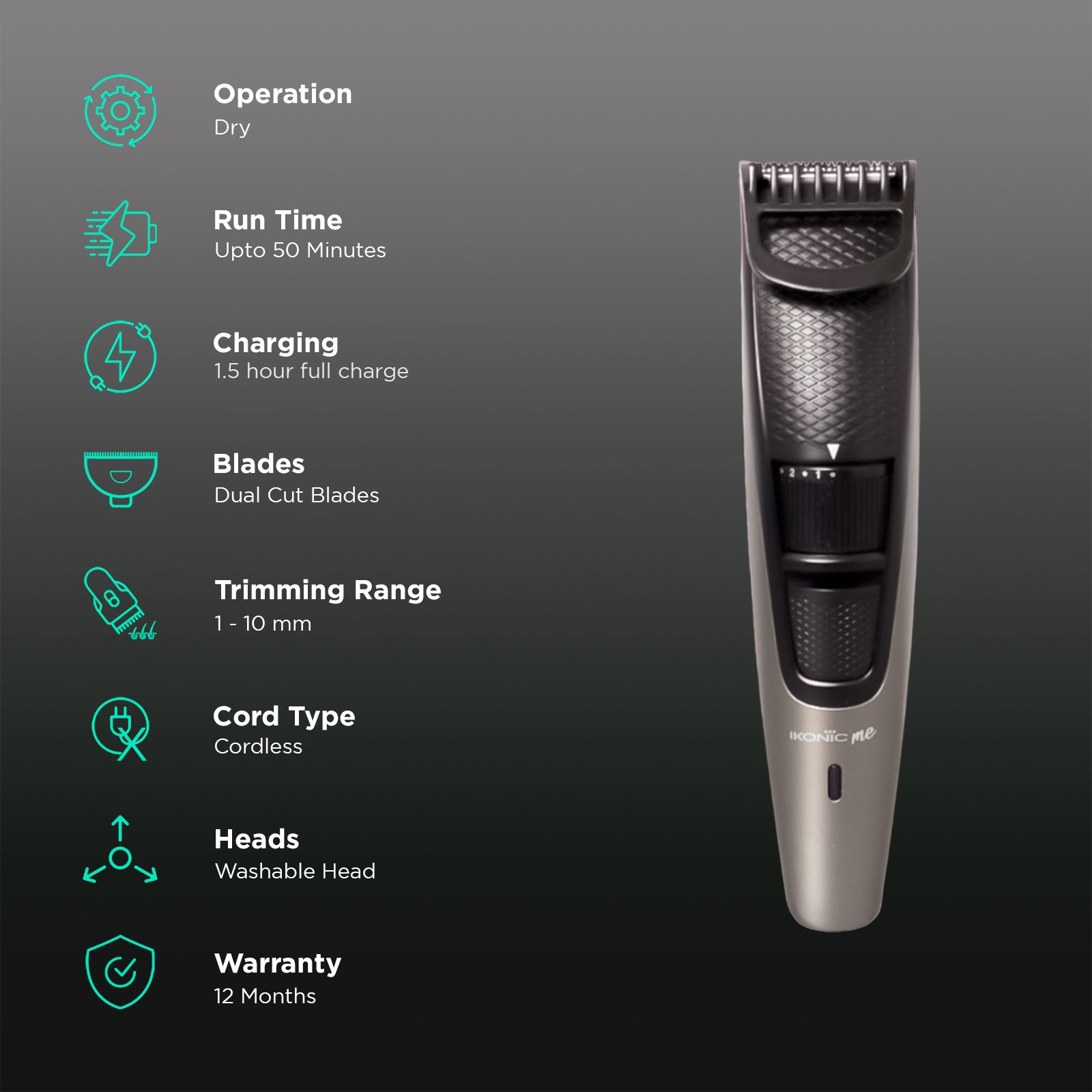 Ikonic Rechargeable Cordless Dry Trimmer for Hair with 10 Length Settings for Men (50mins Runtime, Low Noise, Grey) Ikonic Rechargeable Cordless Dry Trimmer for Hair with 10 Length Settings for Men (50mins Runtime, Low Noise, Grey)_2