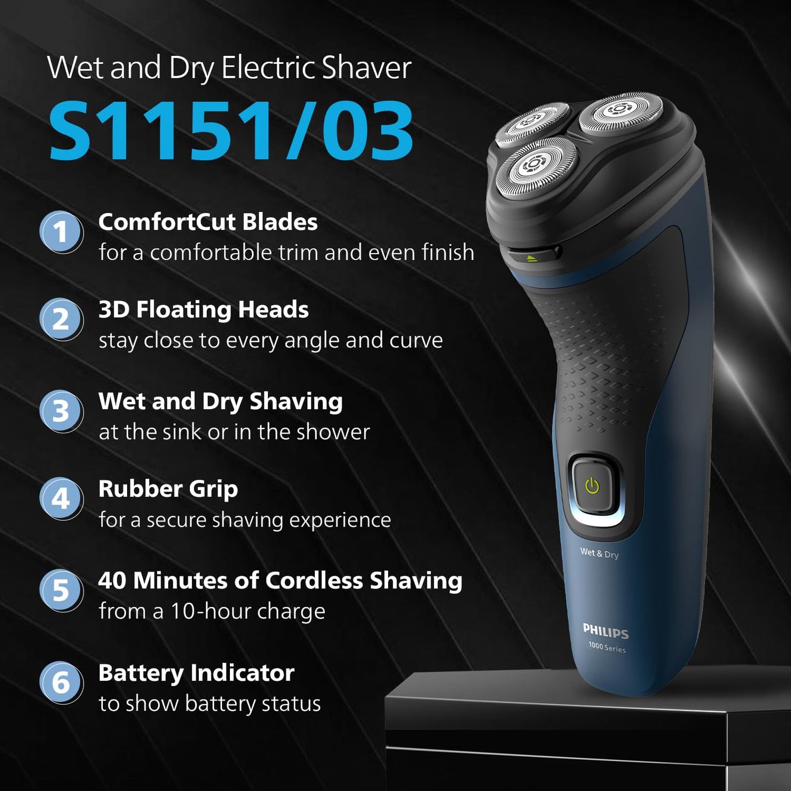 PHILIPS 1000 Series Rechargeable Cordless Shaver for Face for Men (40min Runtime, Fast Charging, Dark Grey) PHILIPS 1000 Series Rechargeable Cordless Shaver for Face for Men (40min Runtime, Fast Charging, Dark Grey)_8