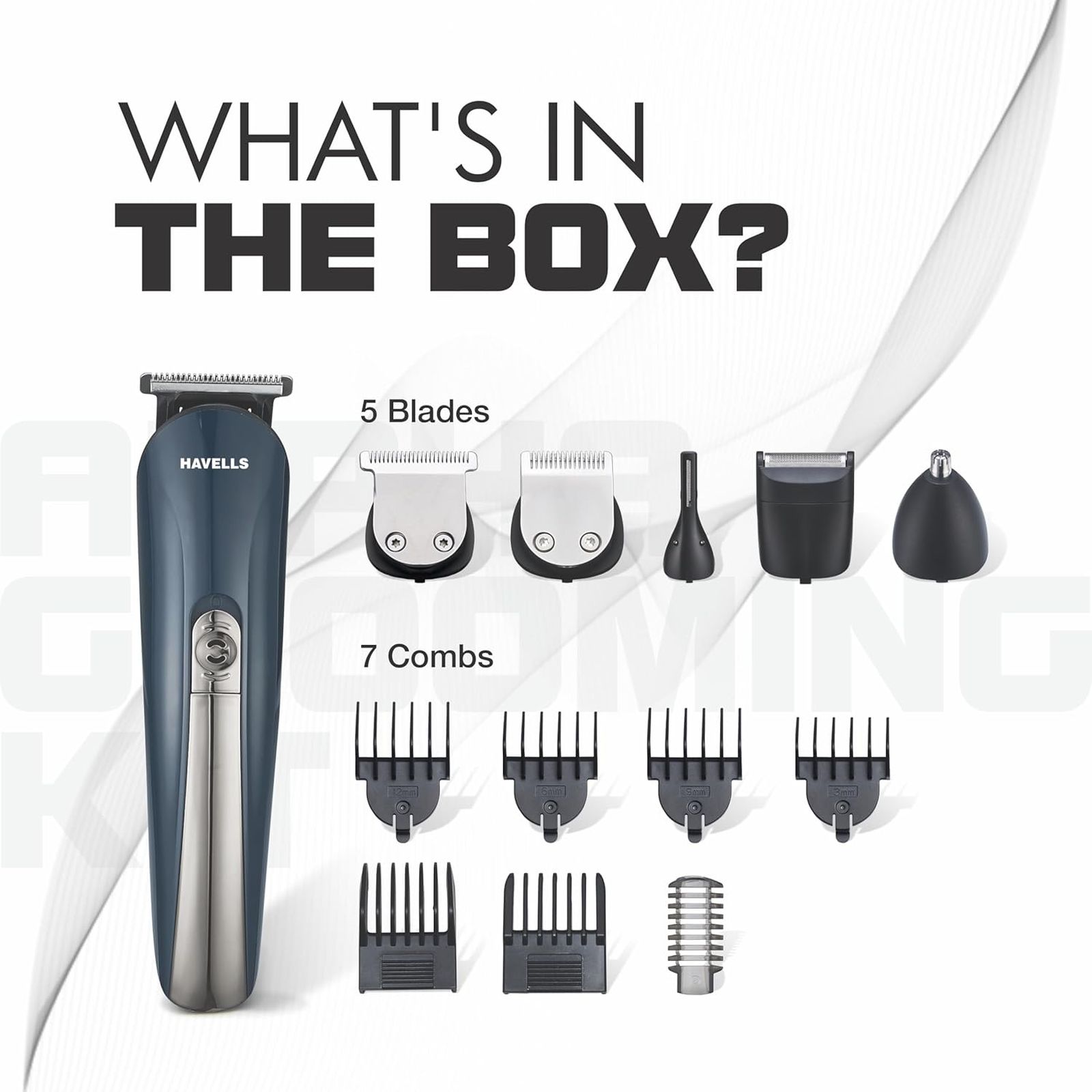 HAVELLS Alpha 12-in-1 Rechargeable Cordless Dry Trimmer for Beard, Body & Hair with 8 Length Settings for Men (120mins Runtime, Fast Charging, Blue) HAVELLS Alpha 12-in-1 Rechargeable Cordless Dry Trimmer for Beard, Body & Hair with 8 Length Settings for Men (120mins Runtime, Fast Charging, Blue)_4