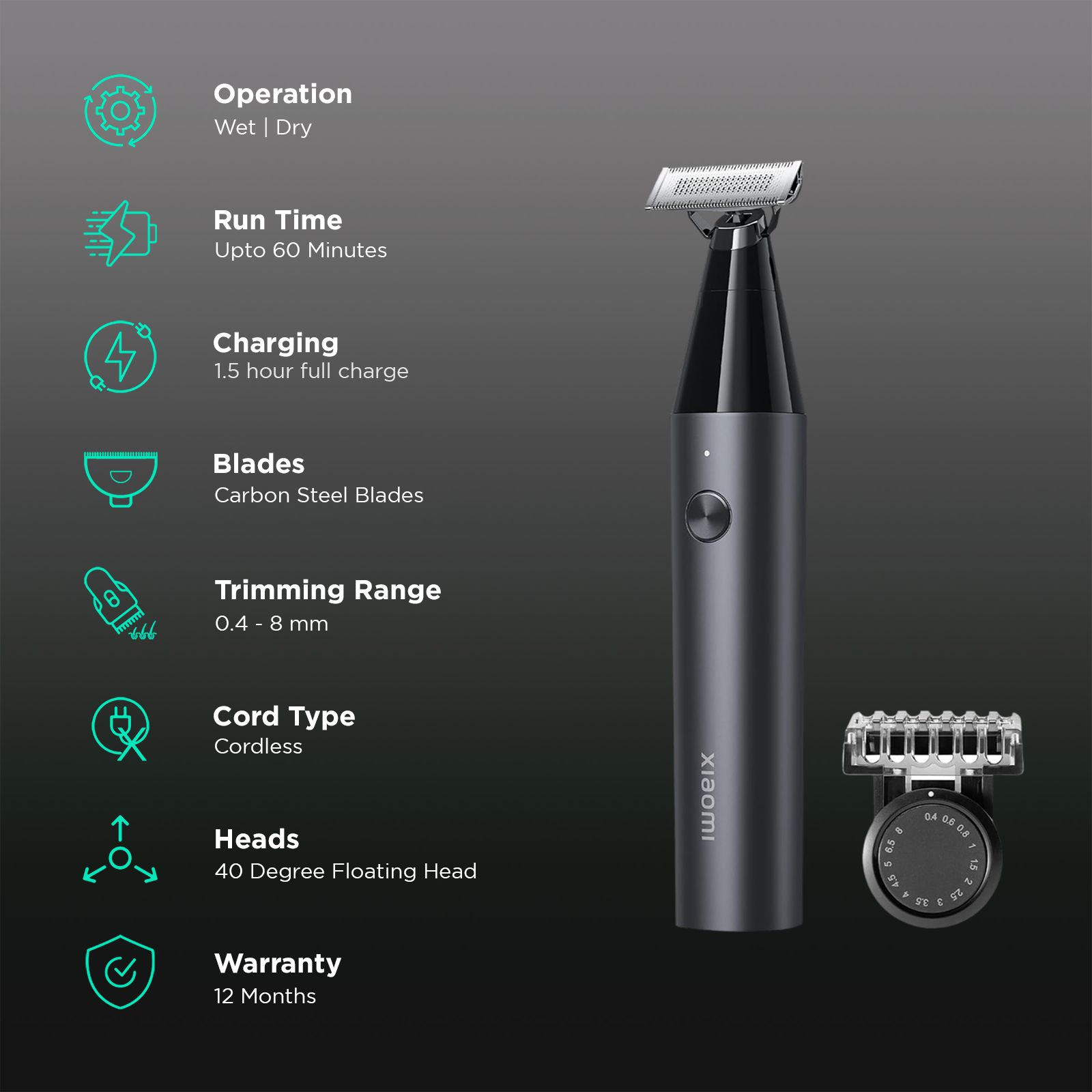 Xiaomi X300 Rechargeable Cordless Wet and Dry Trimmer for Beard and Body with 14 Length Settings for Men (60mins Runtime, Fast Charging, Black)_2