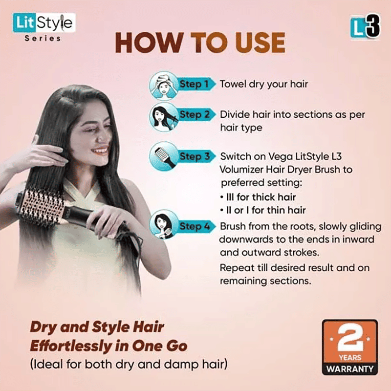 VEGA LitStyle L3 Hair Dryer Brush with 3 Heat Settings (Tourmaline Ceramic Coated Barrel, Black and Gold)_9
