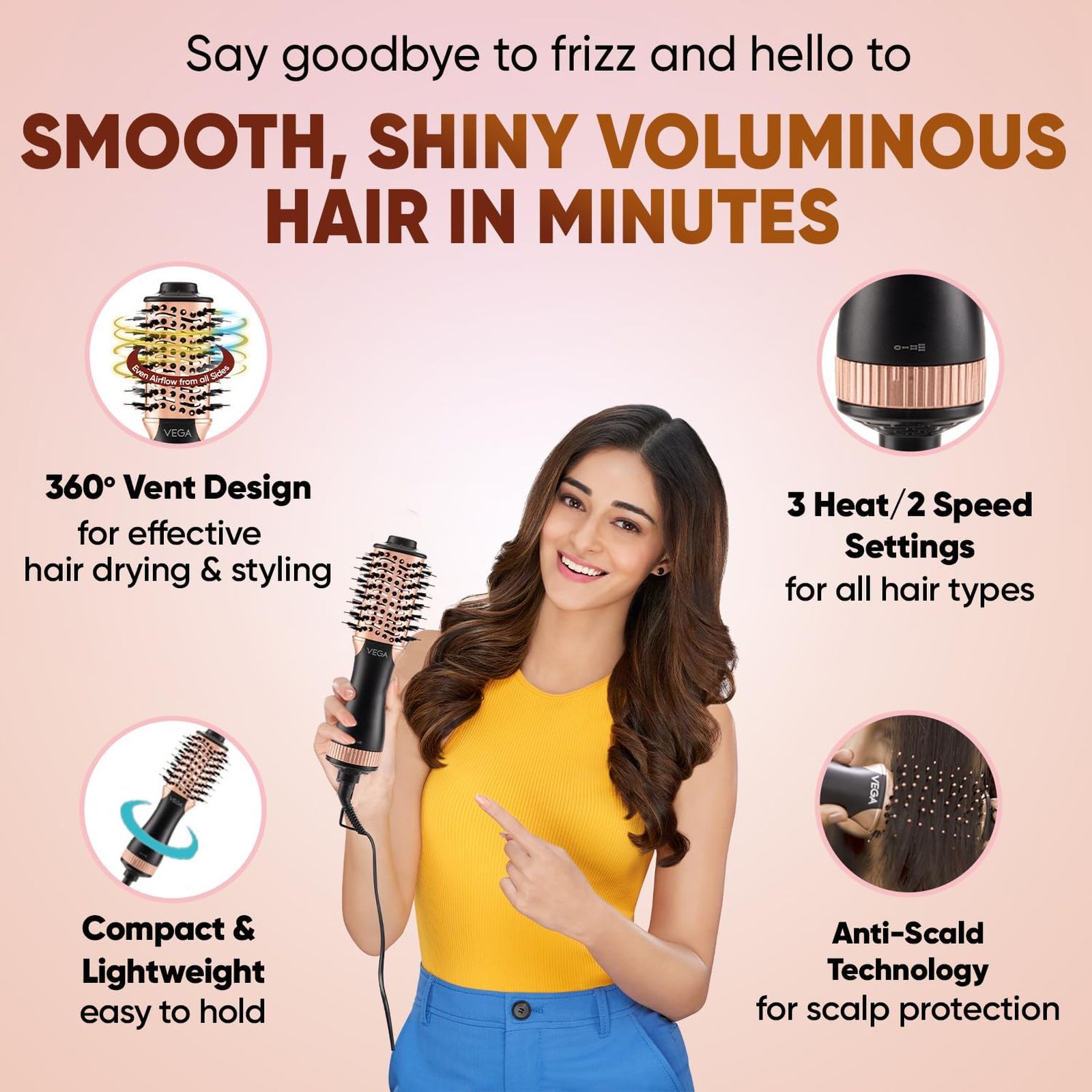 VEGA LitStyle L3 Hair Dryer Brush with 3 Heat Settings (Tourmaline Ceramic Coated Barrel, Black and Gold)_6