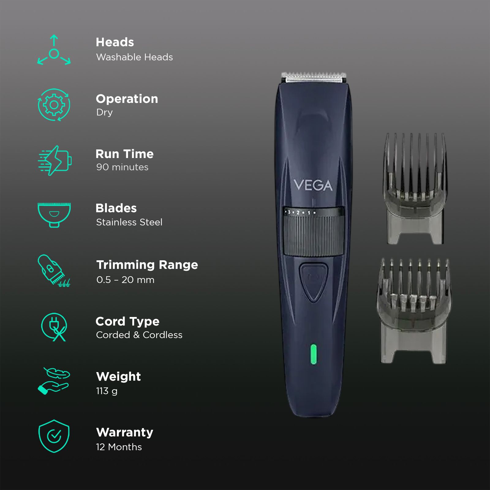 VEGA TurboOne Rechargeable Cord and Cordless Dry Trimmer for Beard with 40 Length Settings for Men (90mins Runtime, Ergonomically designed, Blue)_3