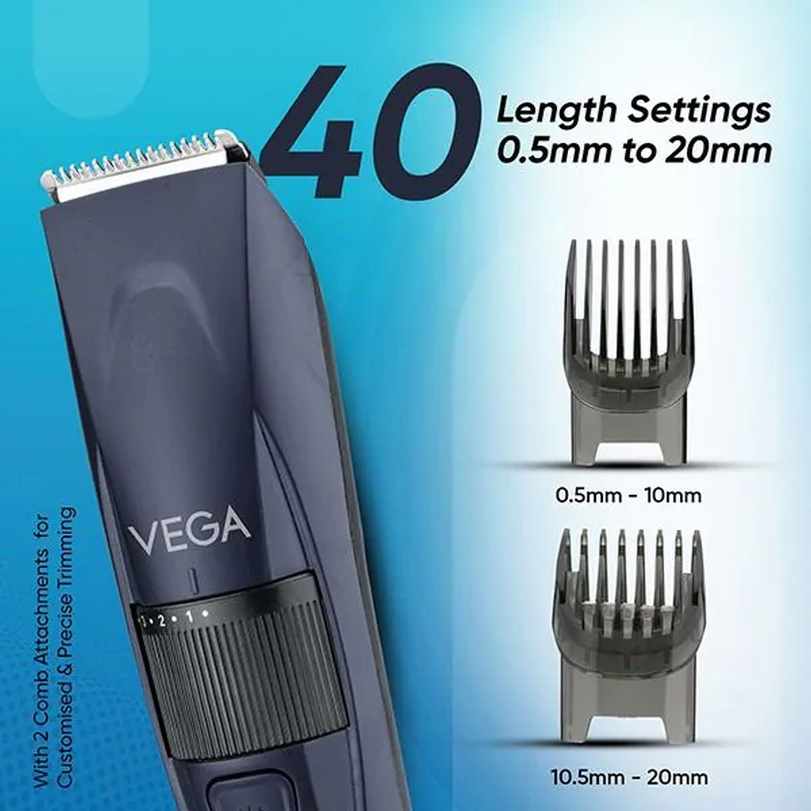 VEGA TurboOne Rechargeable Cord and Cordless Dry Trimmer for Beard with 40 Length Settings for Men (90mins Runtime, Ergonomically designed, Blue)_6
