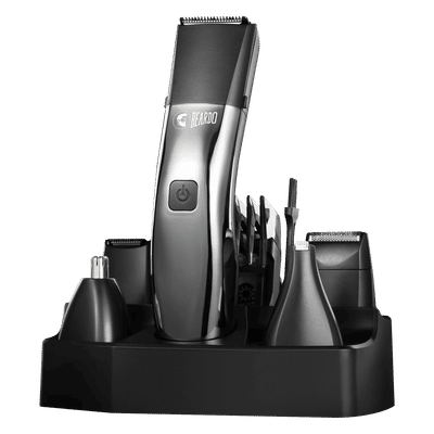 BEARDO Chrome Beast 8-in-1 Rechargeable Cordless Grooming Kit for Face, Nose & Ear, Beard & Moustche, Intimate Area, Head & Body for Men (90mins Runtime, Sleek Grooming Station, Black)
