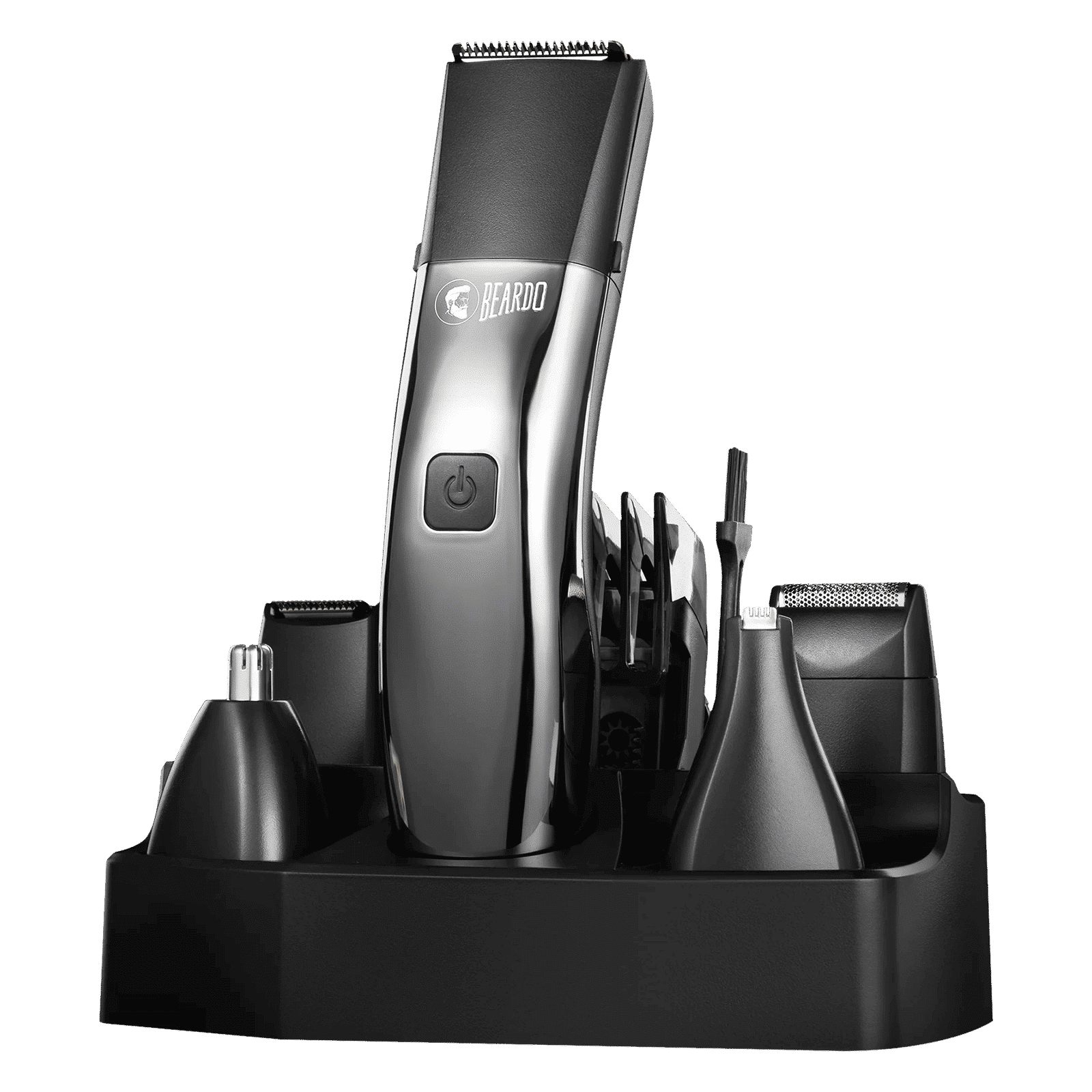 BEARDO Chrome Beast 8-in-1 Rechargeable Cordless Grooming Kit for Face, Nose & Ear, Beard & Moustche, Intimate Area, Head & Body for Men (90mins Runtime, Sleek Grooming Station, Black)_1