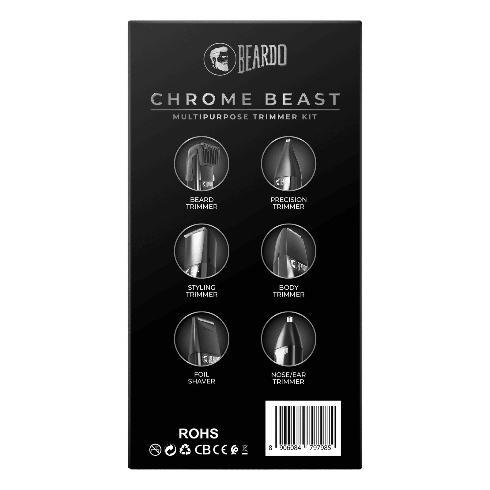 BEARDO Chrome Beast 8-in-1 Rechargeable Cordless Grooming Kit for Face, Nose & Ear, Beard & Moustche, Intimate Area, Head & Body for Men (90mins Runtime, Sleek Grooming Station, Black)_10
