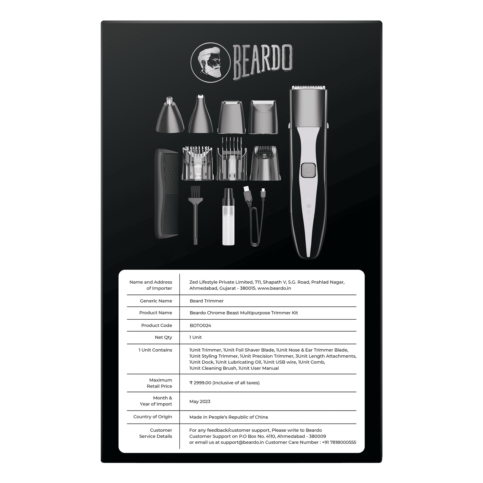 BEARDO Chrome Beast 8-in-1 Rechargeable Cordless Grooming Kit for Face, Nose & Ear, Beard & Moustche, Intimate Area, Head & Body for Men (90mins Runtime, Sleek Grooming Station, Black)_11