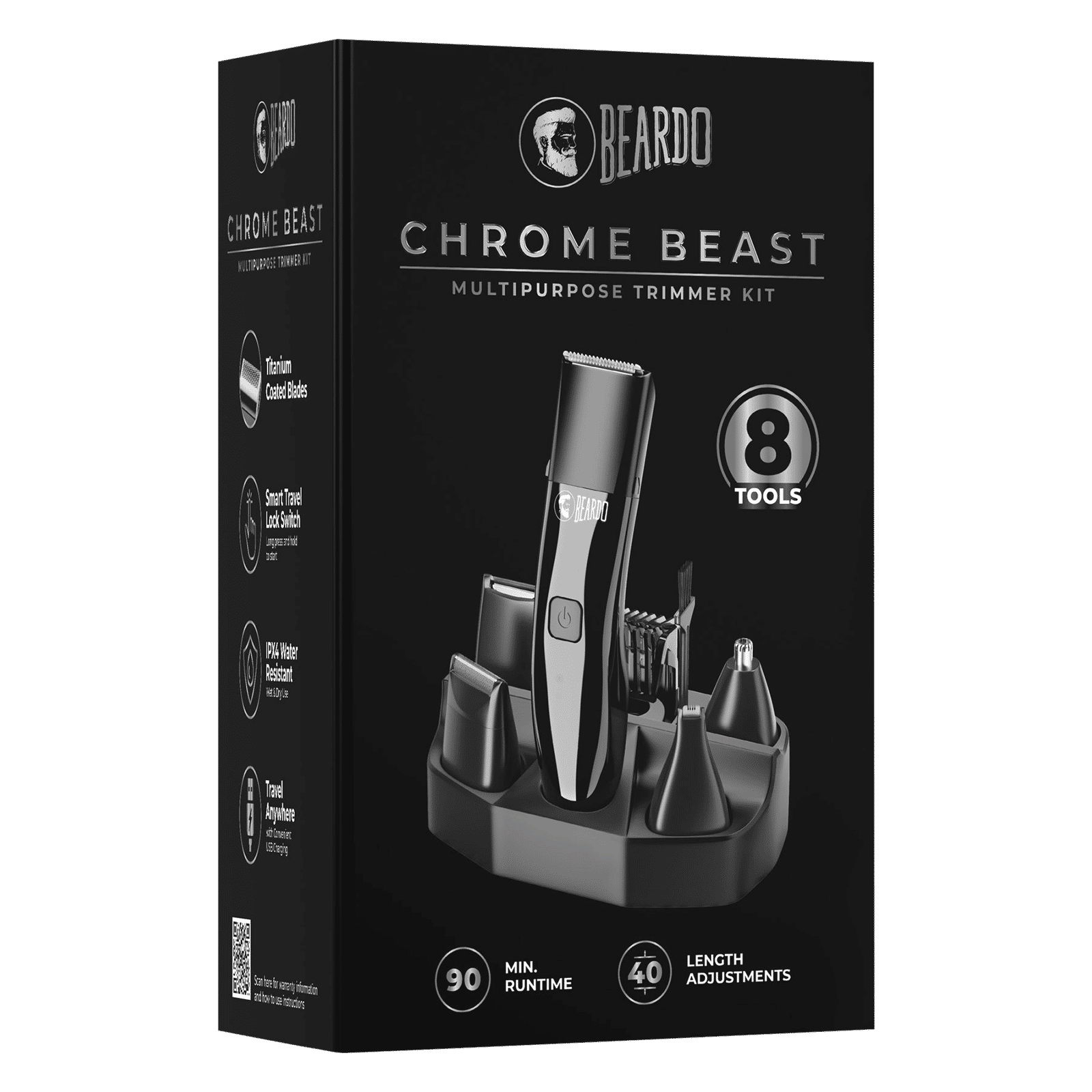 BEARDO Chrome Beast 8-in-1 Rechargeable Cordless Grooming Kit for Face, Nose & Ear, Beard & Moustche, Intimate Area, Head & Body for Men (90mins Runtime, Sleek Grooming Station, Black)_12
